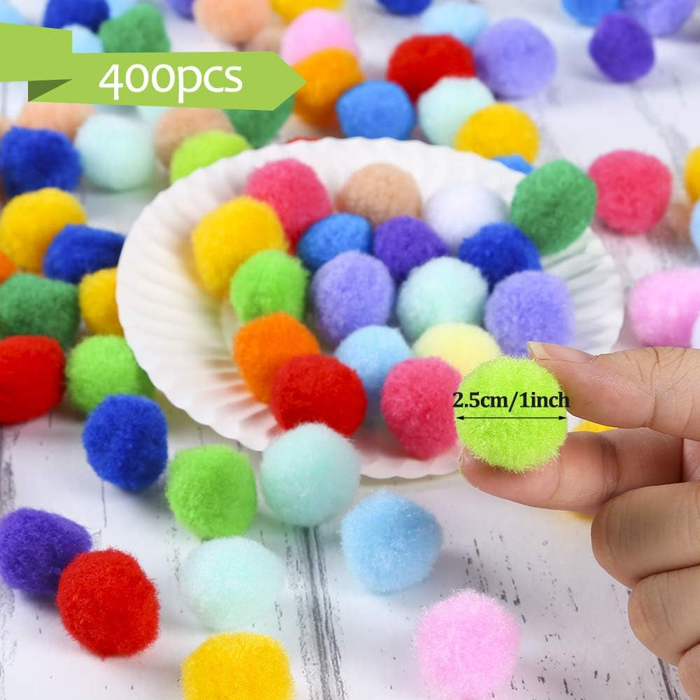 400 Pieces 1 Inch 20 Colors Pompoms Arts and Crafts Pom Poms Balls for Hobby Supplies and Creative Craft DIY Material