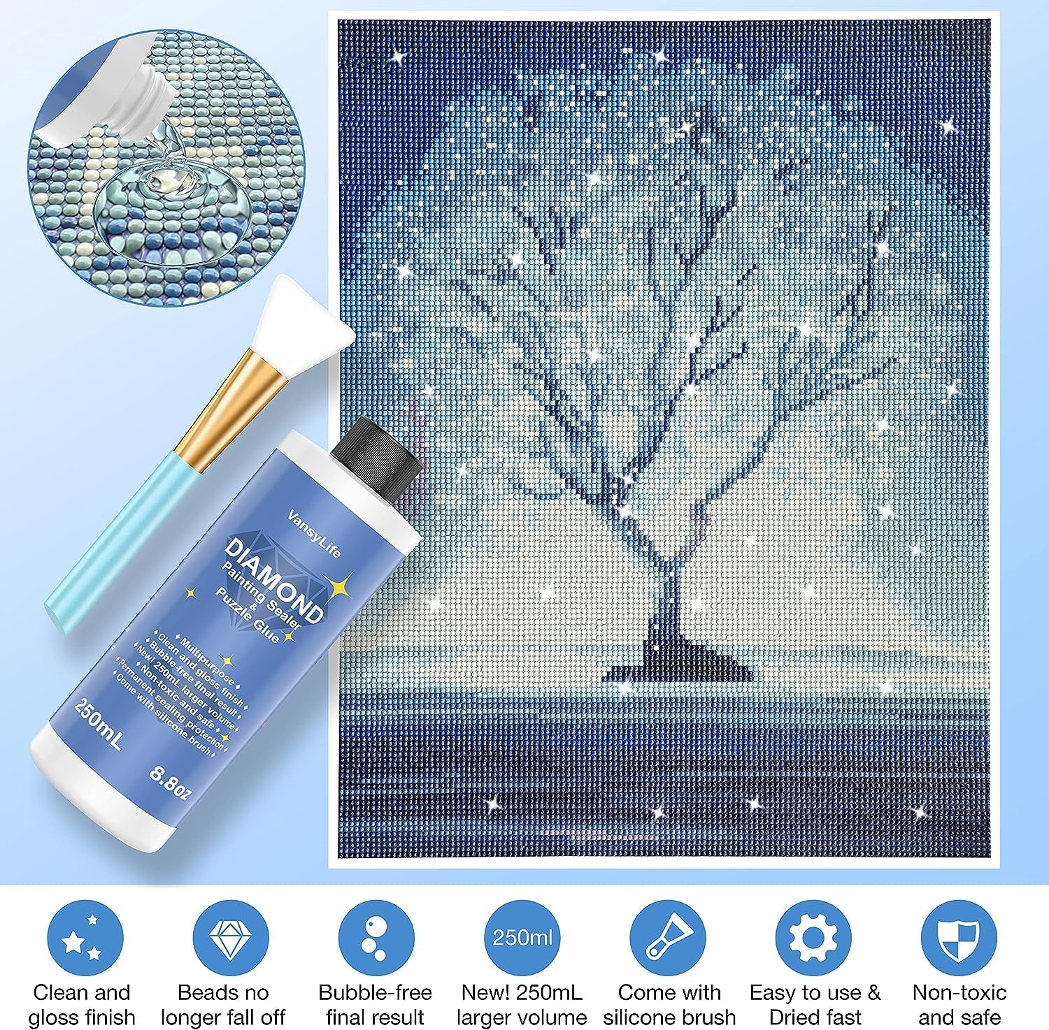 Updated Diamond Painting Sealer 250ML with Silicone Brush, 5D Diamond Painting Glue Accessories Permanent Hold & Shine Effect for Diamond Painting and Jigsaw Puzzles (8.8 OZ)