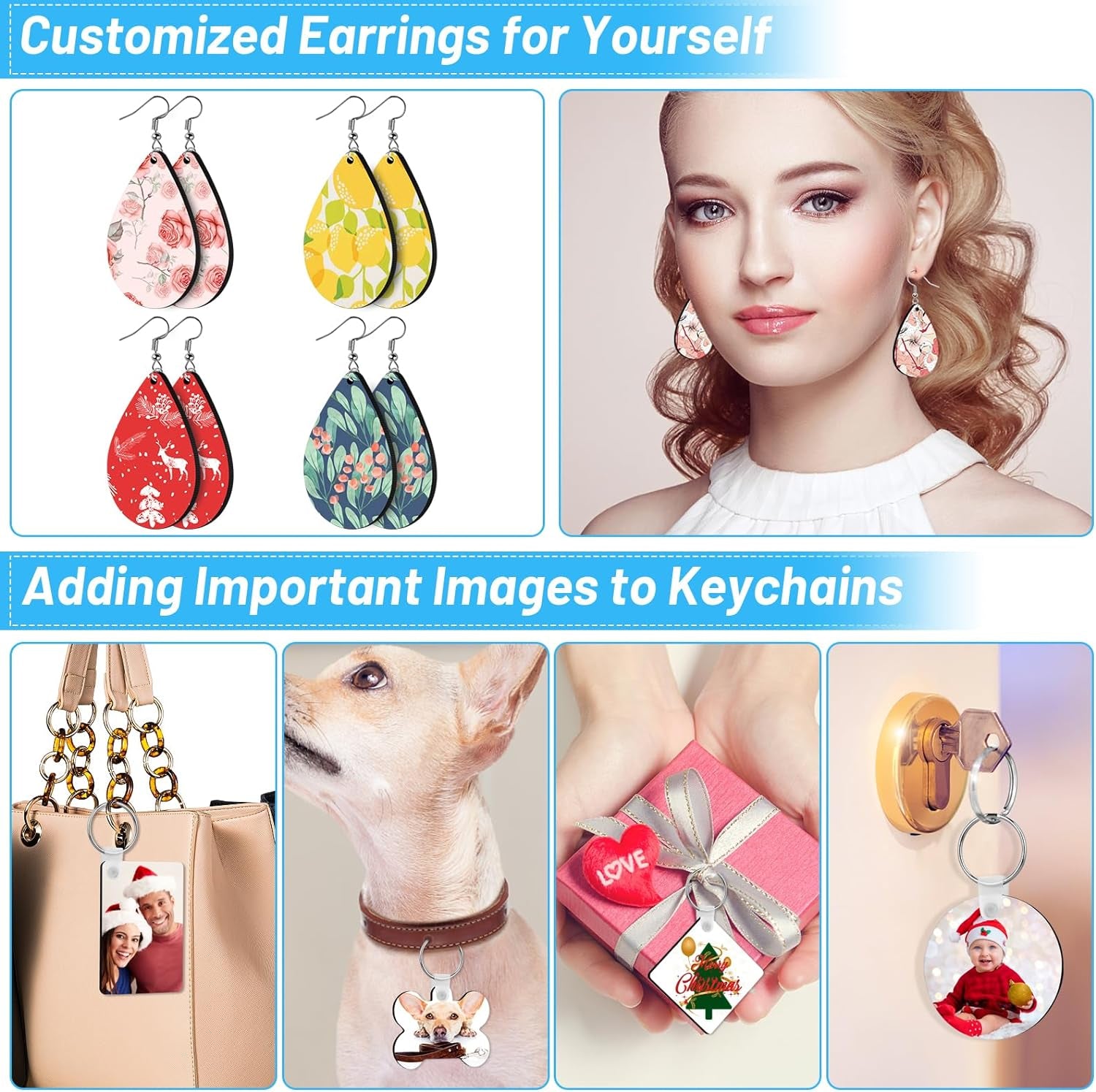 82 PCS Sublimation Blanks Products Set,  Christmas Craft Sublimation Starter Kit with 20 Car Coasters, 12 Keychains, 8 Earrings, 4 Mouse Pads, 3 Pillow Covers, 3 Puzzles