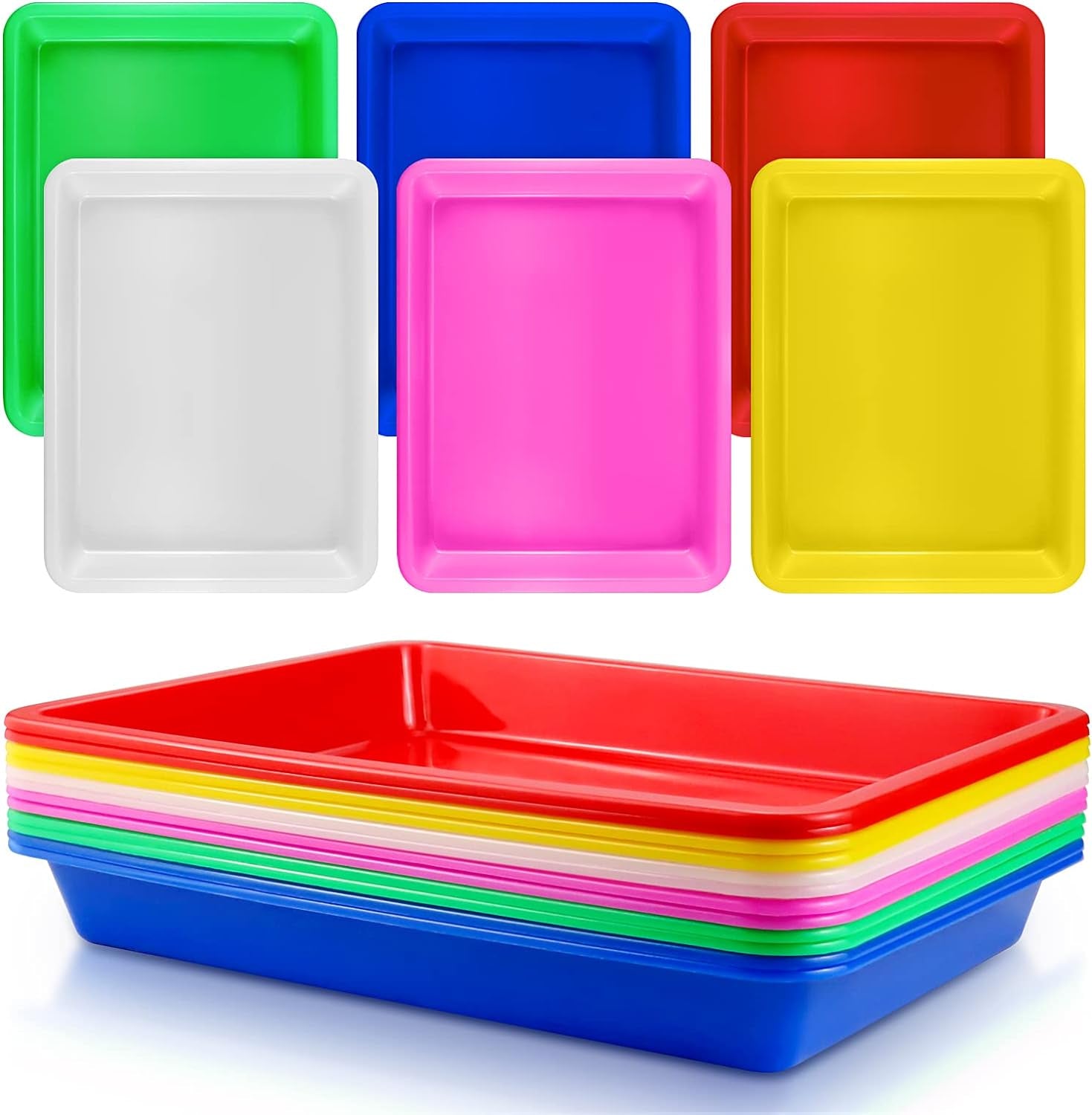 12 Pack Plastic Art Trays, 6 Colors Activity Crafts Tray Serving Tray Organizer Tray for Kids School Classroom DIY Projects, Painting, Jewelry, Beads, Home Organizing Supply