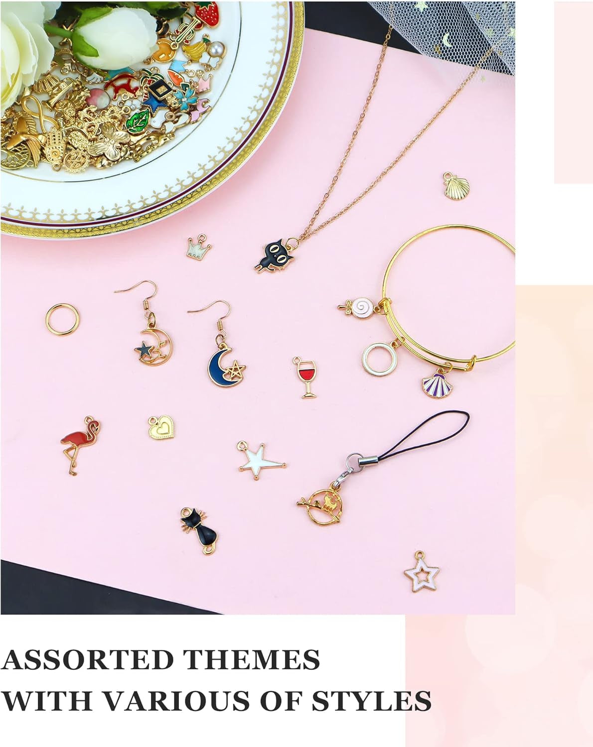 110Pcs Assorted Gold Plated Enamel Pendants Charms for Jewelry Making Necklace Bracelet Craft Supplies