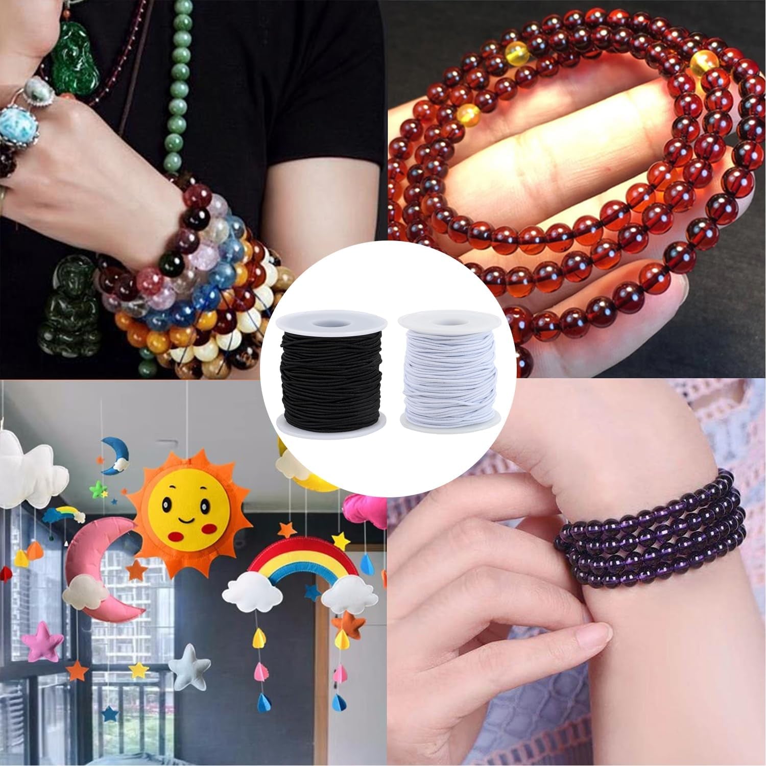 Stretchy Bracelet String, 2 Rolls 1.5 Mm Elastic String Cord for Bracelets,Jewelry Making, Necklaces, Beading and Crafts (Black&White)