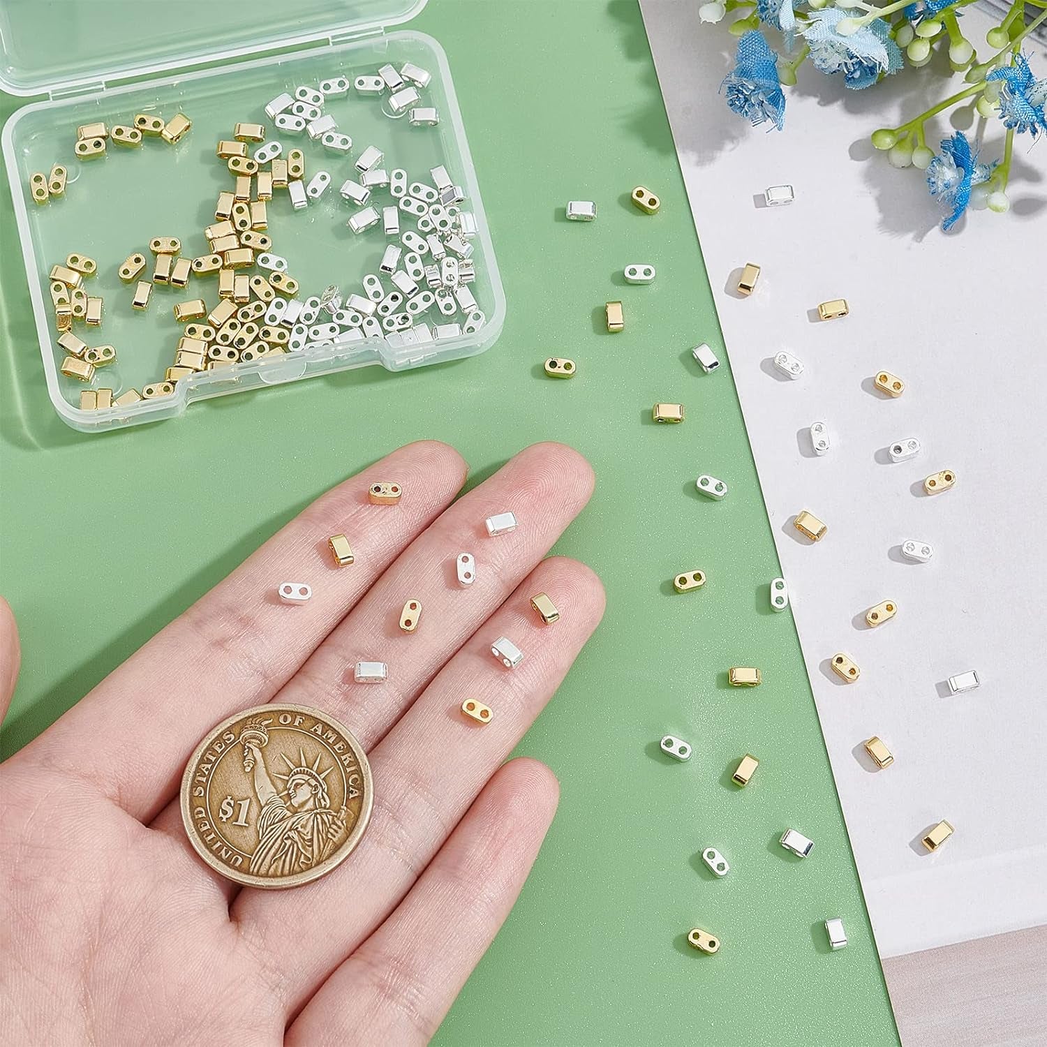 160Pcs 2-Hole Seed Beads 24K Gold 925 Sterling Silver Plated Tila Beads Multi-Strand Linking Connectors Synthetic Hematite Beads for Cord Bracelets Necklace Jewelry Making