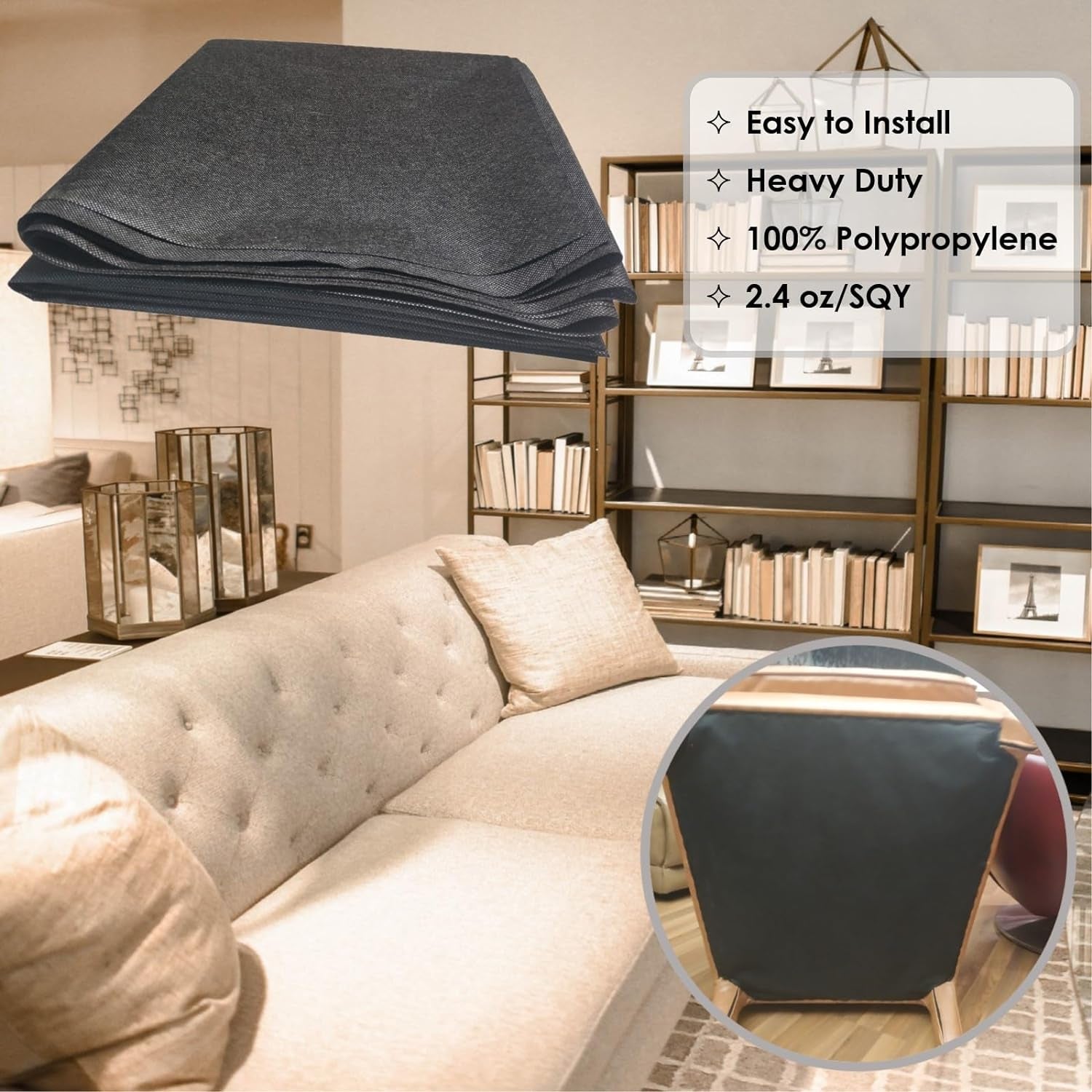 3 Yds. X 63 Ins. Upholstery Dust Cover Fabric Replacement, Non-Woven Black Cambric Fabric for under Cloth of Couches, Recliners, Loveseats, Chairs, Sofas or Mattresses Bottom Cover