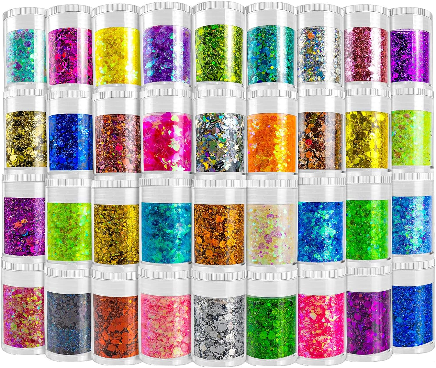 Holographic Chunky and Fine Glitter Mix, 36 Colors Chunky Sequins & Glitter Powder Mix, Iridescent Cosmetic Glitter Flakes for Nail Art Face Body Eye Makeup, Craft Glitter for Epoxy Resin Tumblers