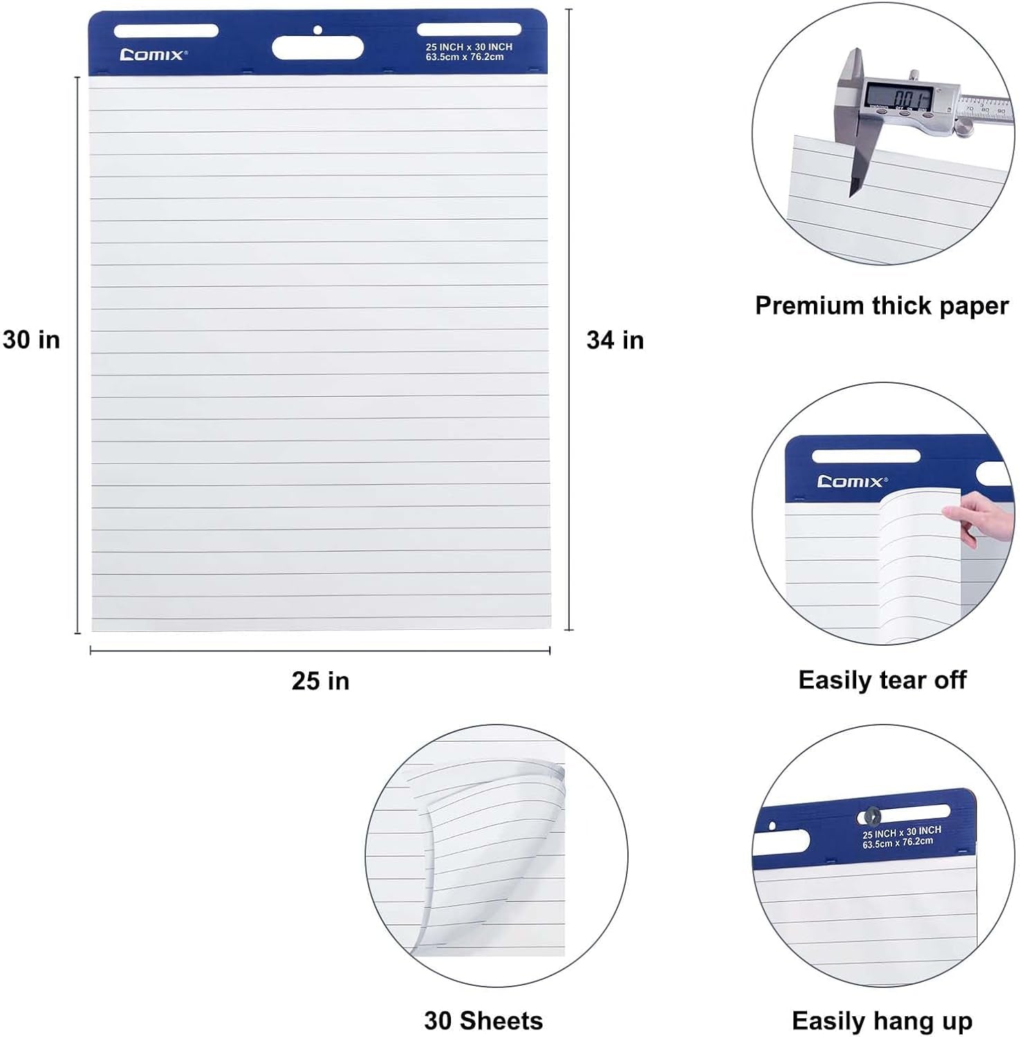 Lined Sticky Easel Pad, 25 X 30 Inches Flip Chart Paper for Teachers, Large Self Stick Easel Paper, 30 Sheets/Pad, 2 Pads/Pack