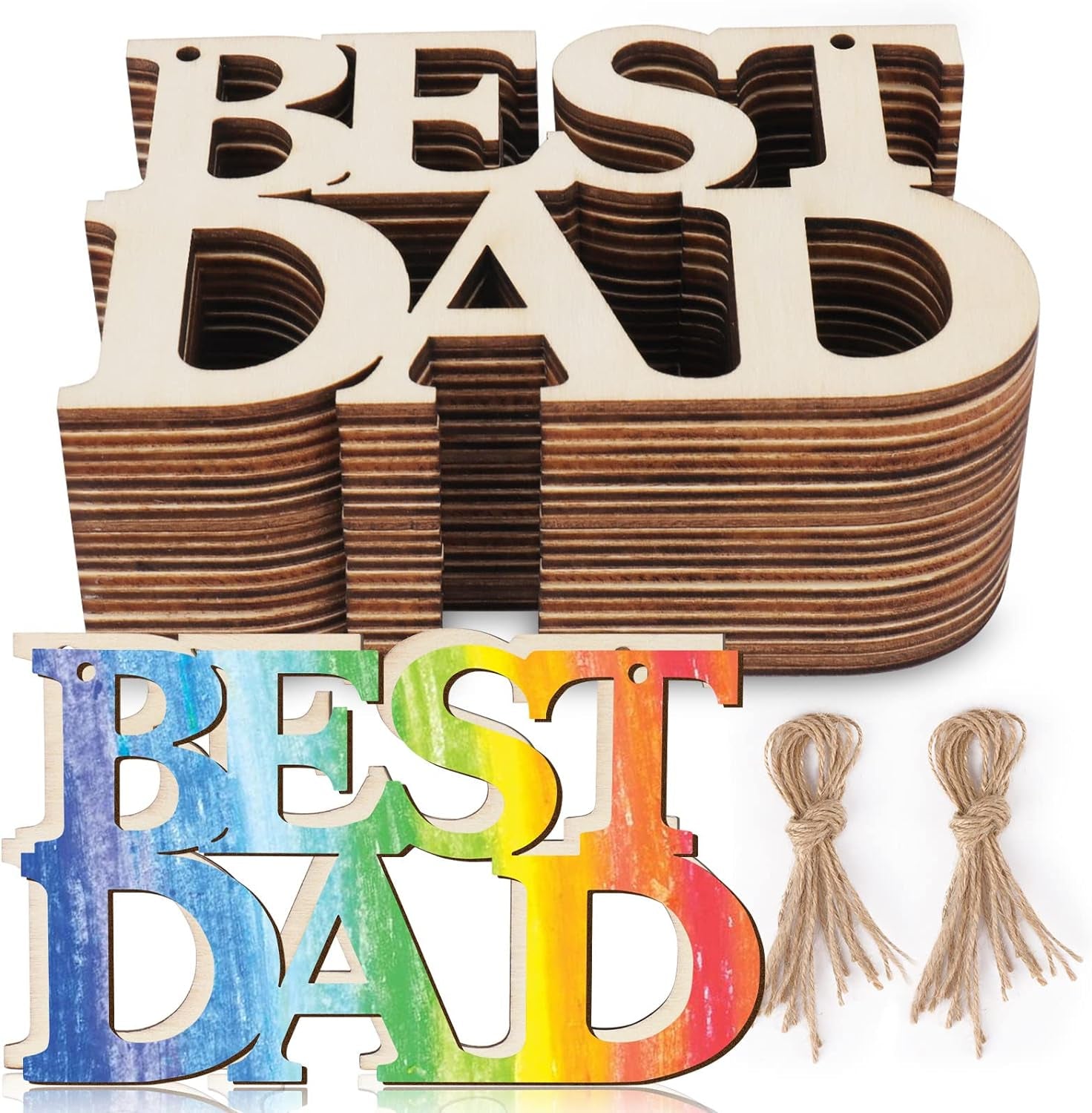 20Pcs Best DAD Unfinished Wood Crafts, Fathers Day Crafts for Kids, Wood Cutouts Gift Tags, Wooden Letter Ornaments with 20 String for Happy Father'S Day Gifts,Dad'S Birthday Party Decorations