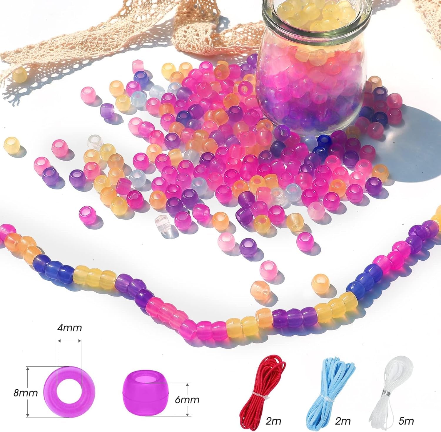 1500 Pcs UV Beads, Glow in the Dark Beads Color Changing Sun Sensitive UV Reactive Pony Beads, Plastic Solar Beads with Crystal Elastic String &amp; 2 Elastic Cords