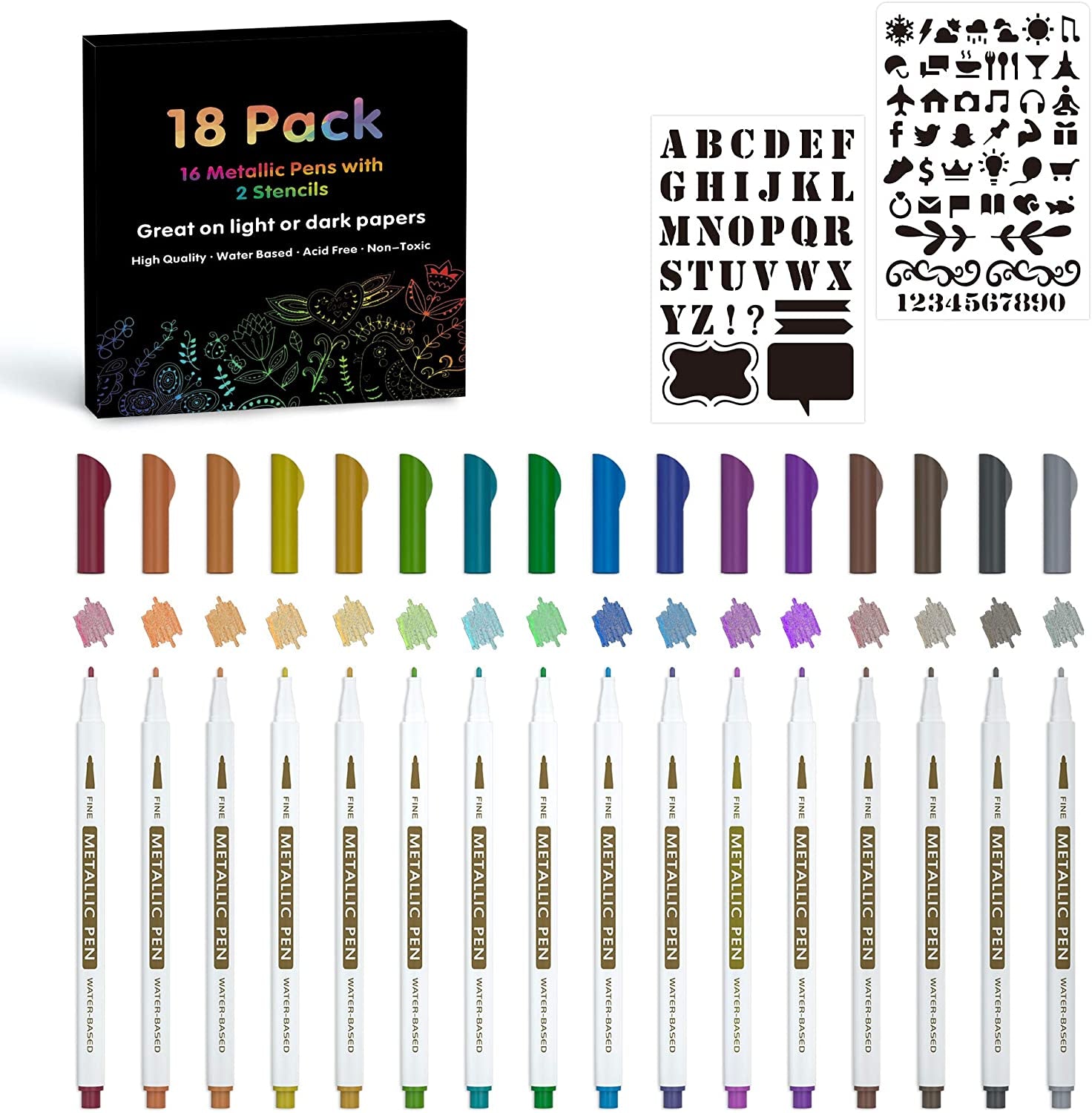 18 Pack Metallic Marker Pens,  16 Colors Fine Tip Paint Pens with 2 Stencils for DIY Craft Photo Album Rock Art Painting Card Making Glass Wood