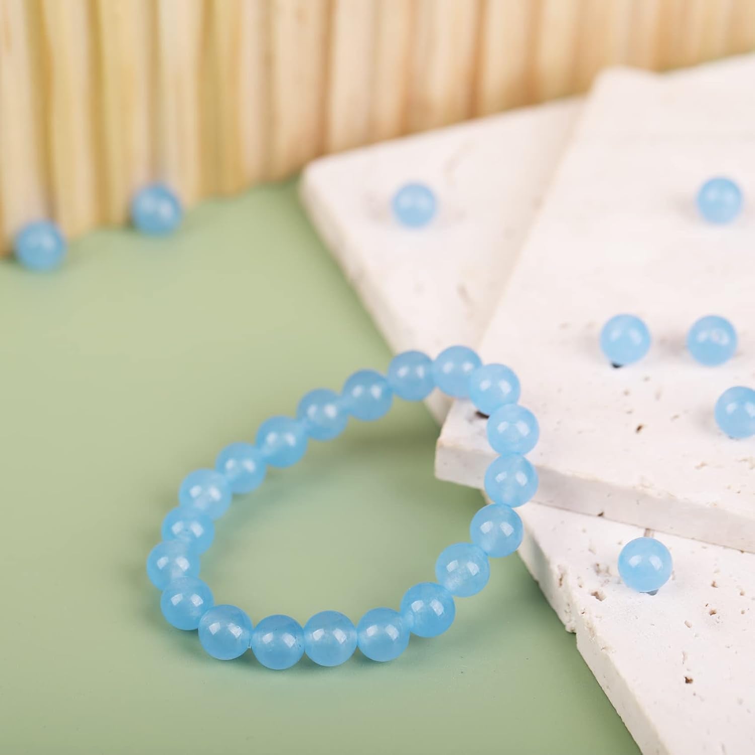 140 Pcs 8Mm Natural Gemstone Beads for Jewelry Making, Sky Blue round Smooth Healing Agate Stone Beads Bulk