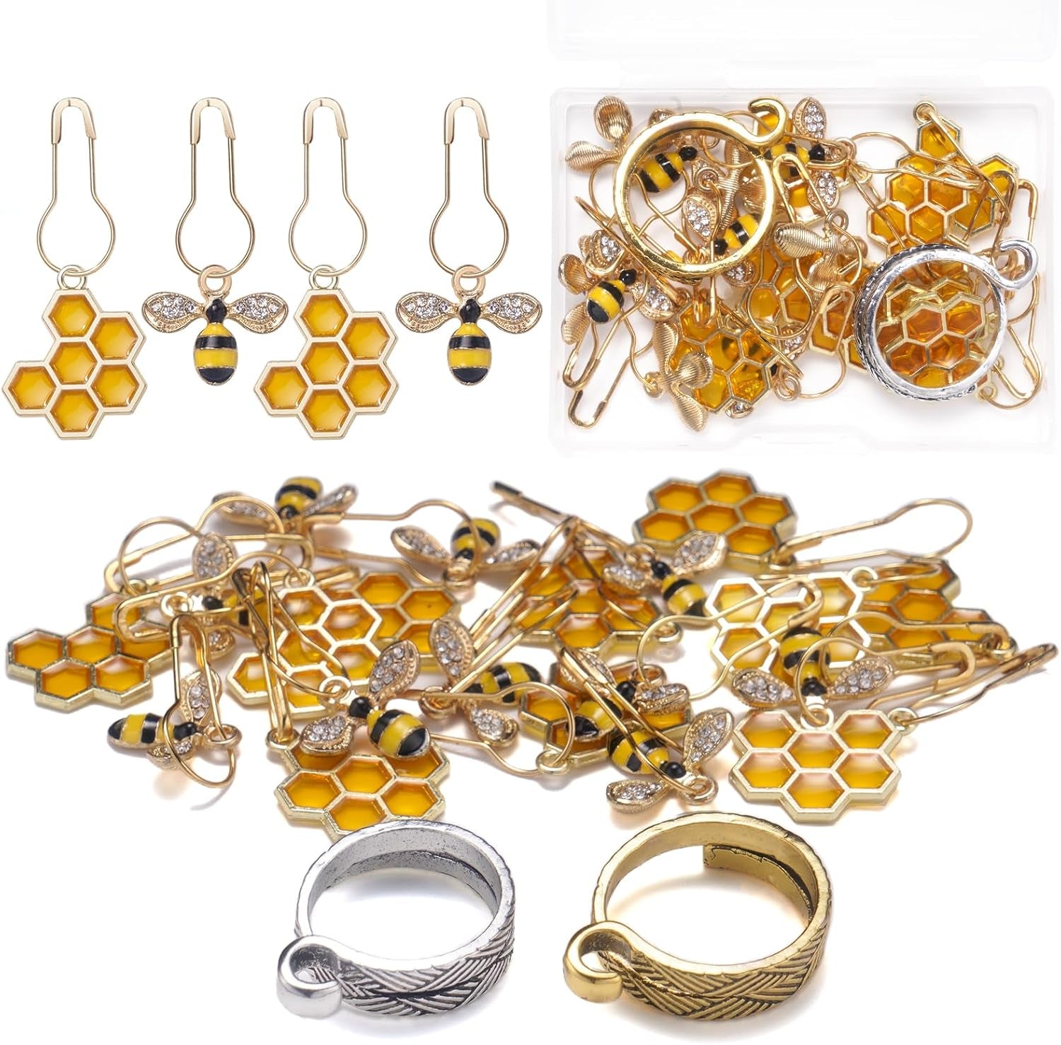 20 Pcs Cute Bee Honeycomb Stitch Marker, 2 Pcs Adjustable Knit Crochet Loop Ring for Crocheting and Knitting, Alloy Crochet Stitch Marker Knitting and Crocheting Accessories