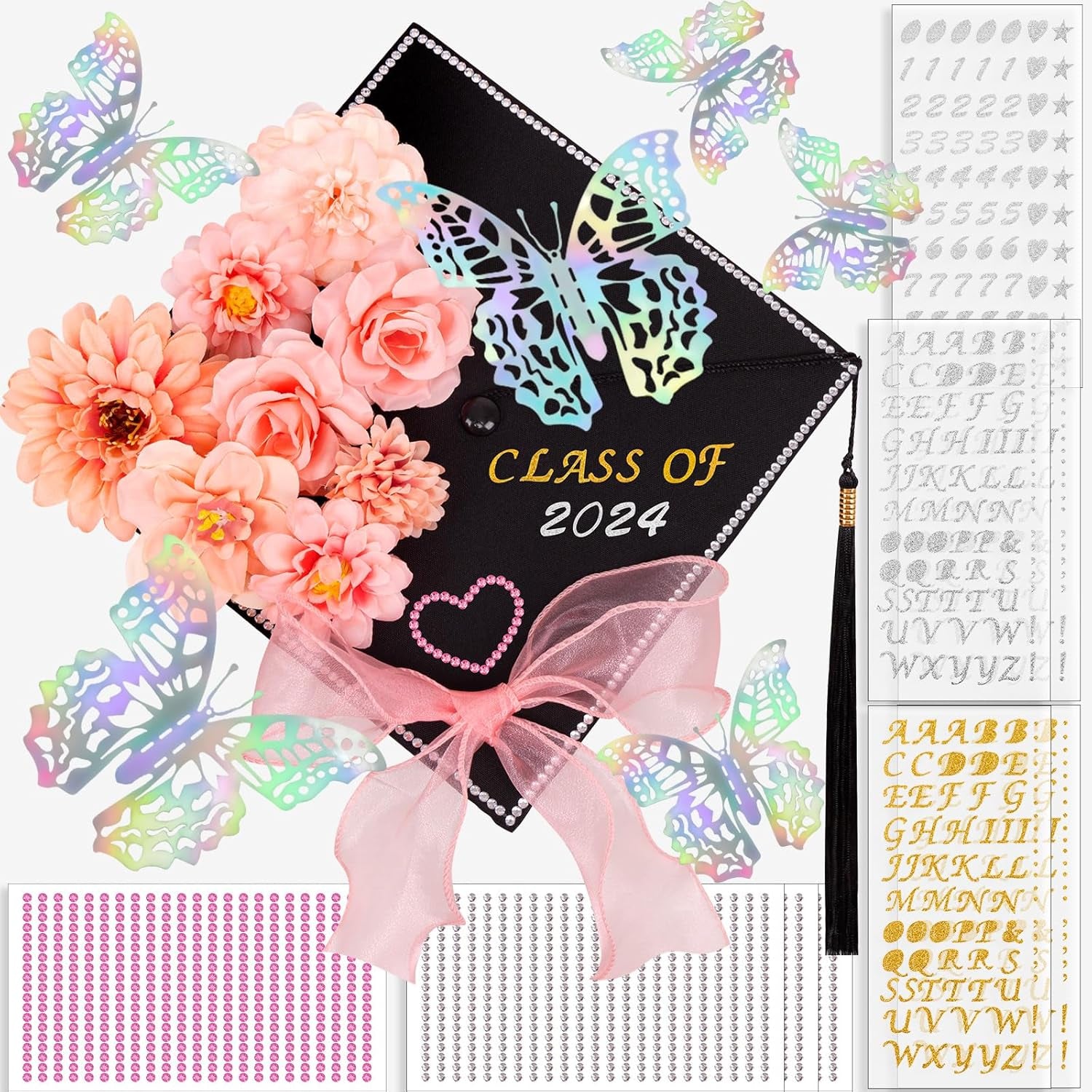 Graduation Cap Decorations: DIY Grad Hat Topper Kit, Include Flower Glitter Stickers Letters Butterflies - Handmade Decoration(No Glue&amp;Cap)