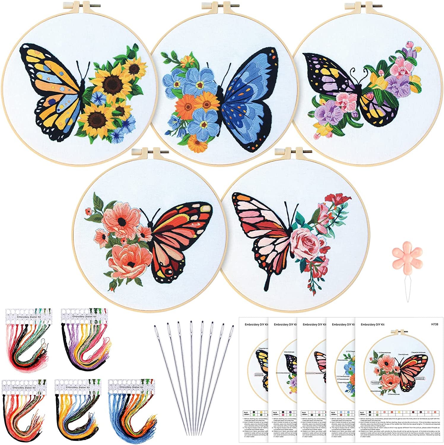 5 Sets Embroidery Beginners Kit with Butterfly Flower Patterns and Instructions Cross Stitch Kits for Starter DIY Adult Kids Butterfly Pattern Embroidery Set with Cloth Hoops Needles Threads