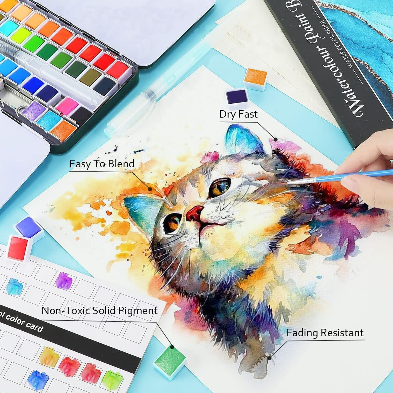 Watercolor Paint Set, 48 Colors Including 6 Metallic Colors in Portable Box, Travel Watercolor Set with Watercolor Papers and Brushes, Water Color Kits for Beginners & Artists