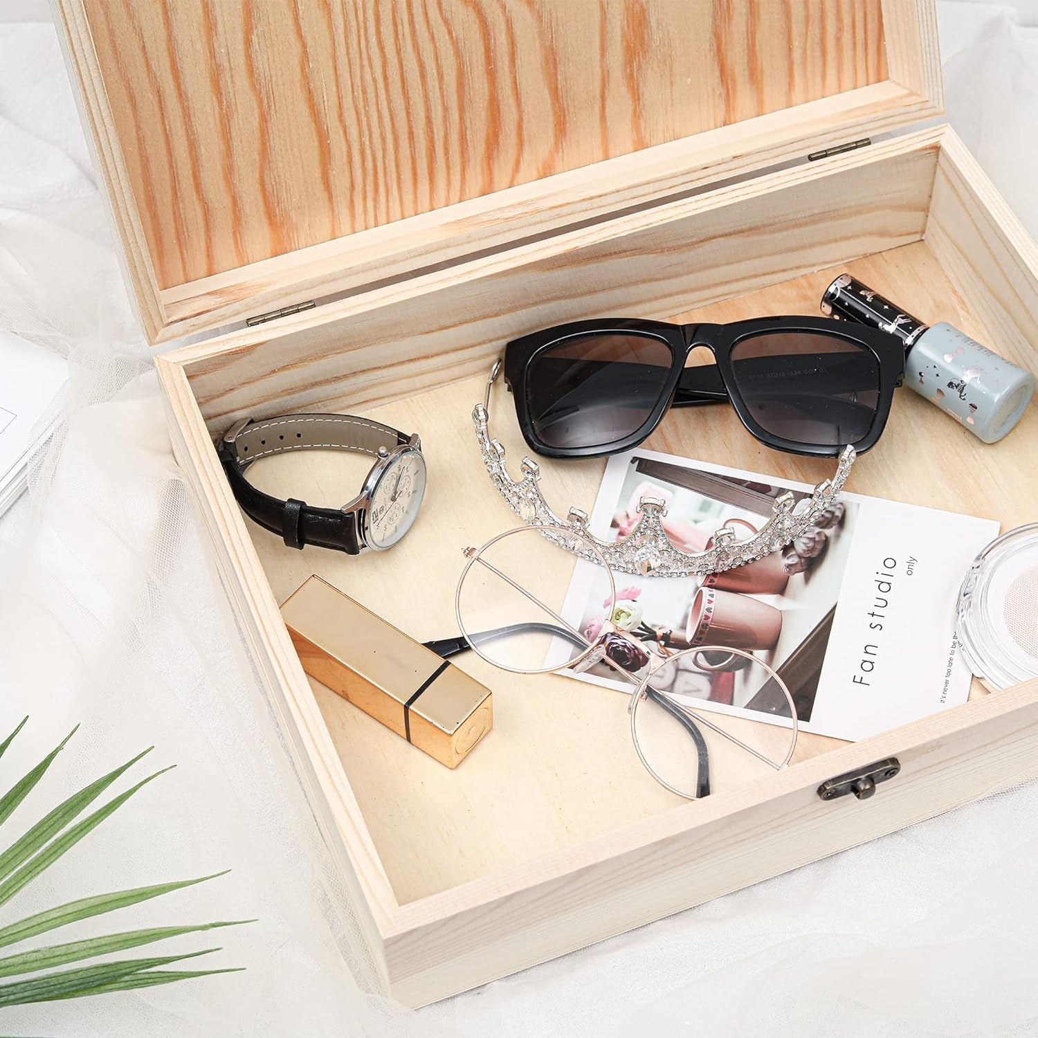 Unfinished Wooden Box with Hinged Lid for Crafts DIY Storage Jewelry Pine Box - 12" X 9" X 3.35"