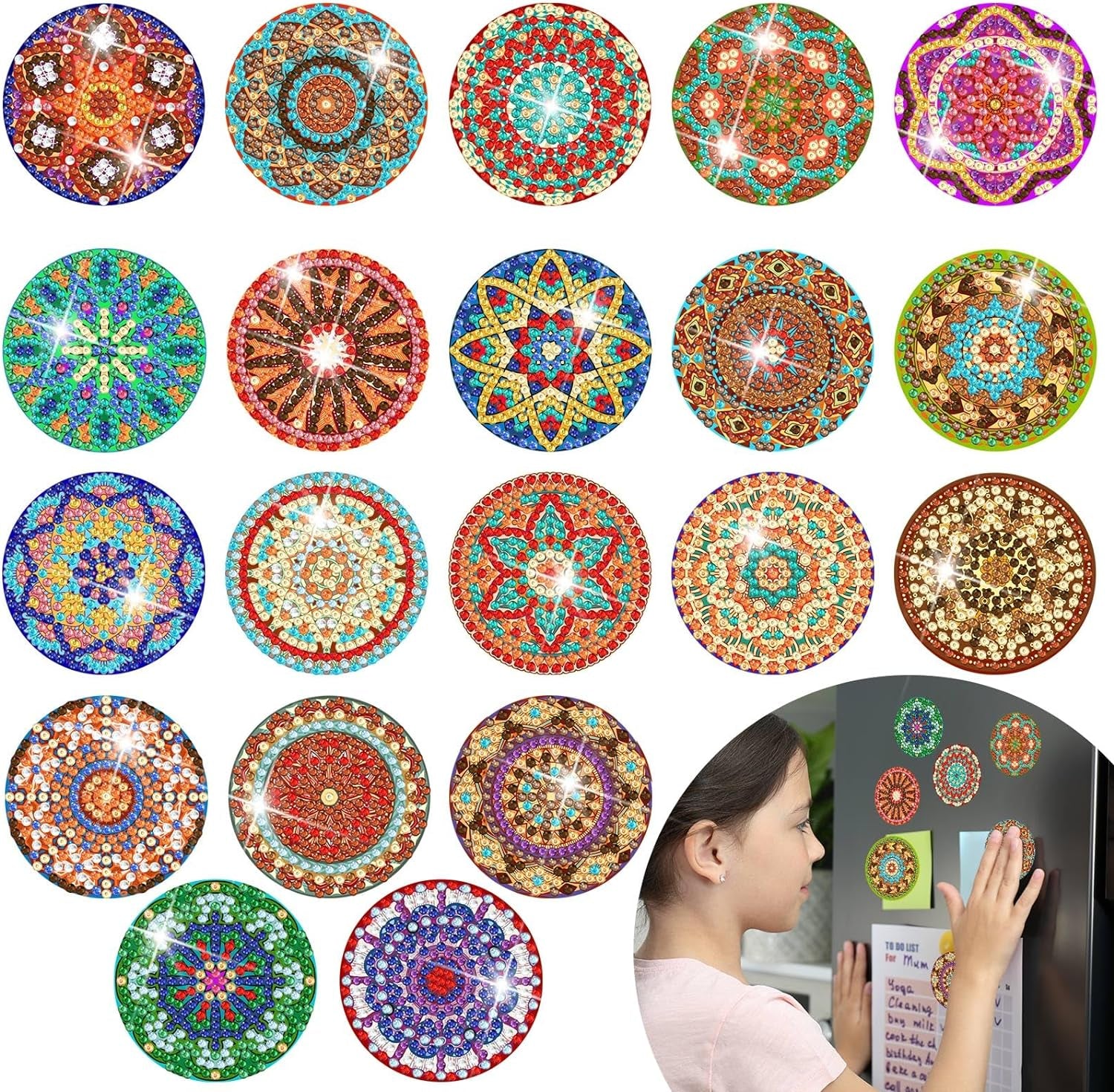 20 Pcs Mandala Refrigerator Diamond Painting Magnets Boho Diamond Painting Kits Fridge Diamond Art Magnets Diamond Art Kits Diamond Painting Stickers for Adults DIY Home Decor