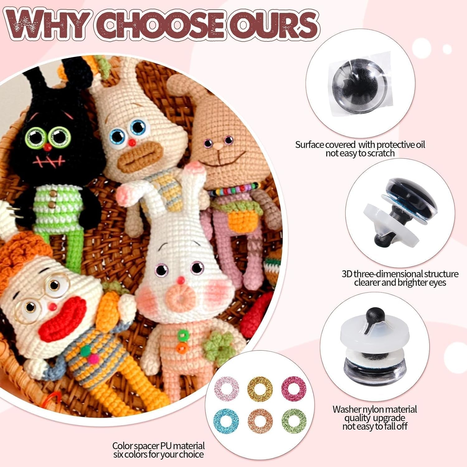 180 Pcs 3D Glitter Safety Eyes for Amigurumi with Washers 12-30Mm Trapezoid Safety Eyes for Crochet Animals Doll Eyes for Crocheting Stuffed Animal Eyes for DIY Christmas Decoration(6 Colors)