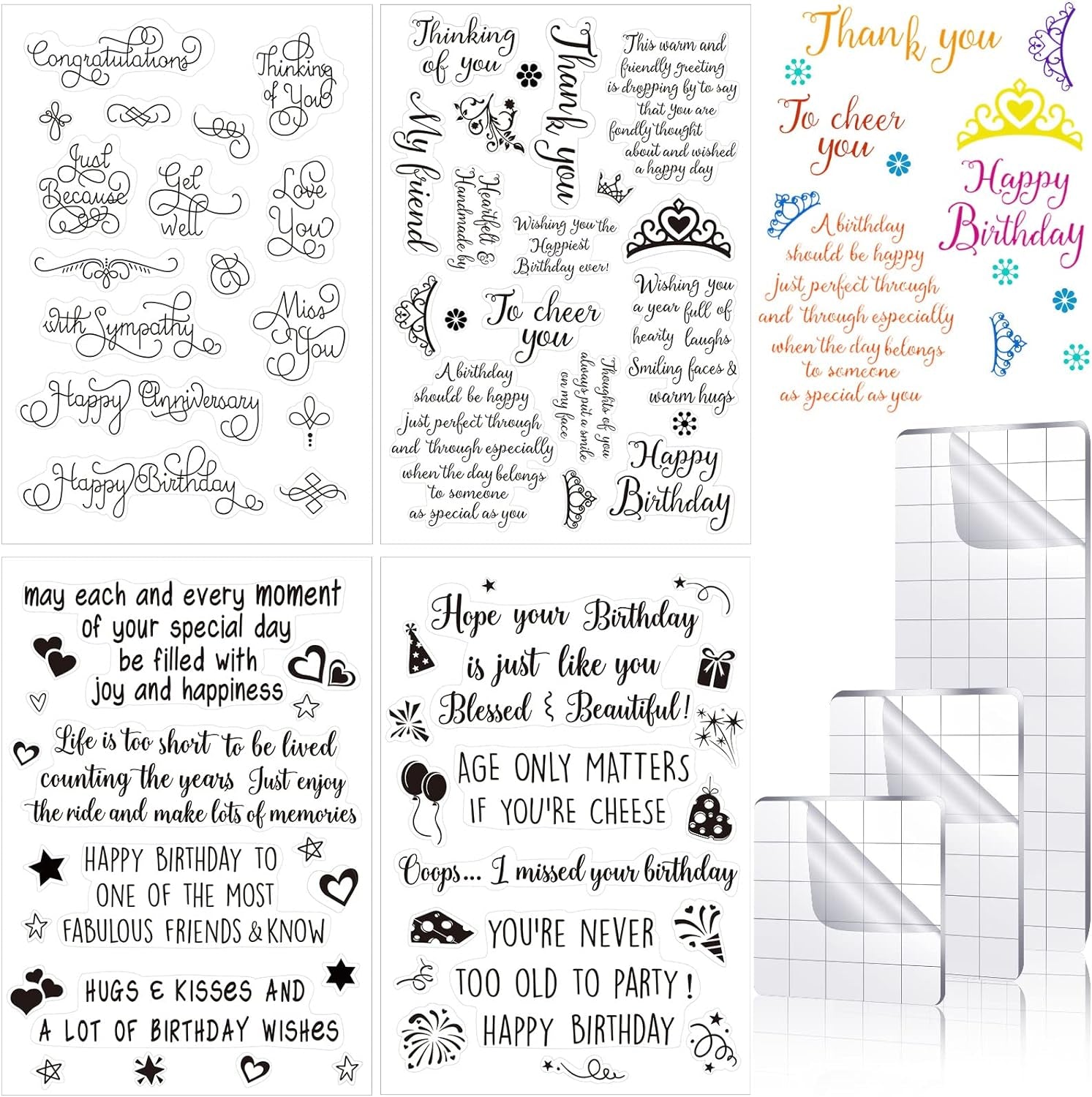 4 Sheets Sentiments Rubber Clear Stamps Set Clear Stamps for Card Making and 3 Pcs Acrylic Stamp Block Tools with Grid Lines Happy Rubber Birthday Stamps Craft Supplies for Diy Scrapbooking Journaling