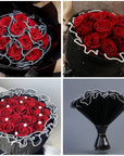 Black Flower Wrapping Paper Kit - 4.37 Yards Pearl Lace Mesh for Bouquets, Wave Tulle with Ribbons and 3D Butterflies - Floral Wrap Florist Supplies (Black)