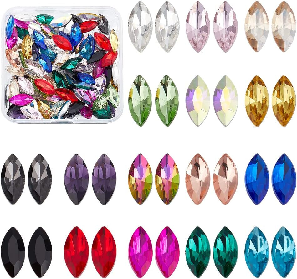 128 Pcs 16 Colors Pointback Horse Eye Shaped Gem Stones 0.6X0.3 Inch Glass Rhinestones Gems Jewels Embelishments with Silver Plated Back Crystals Rhinestones for Crafts Jewelry Making