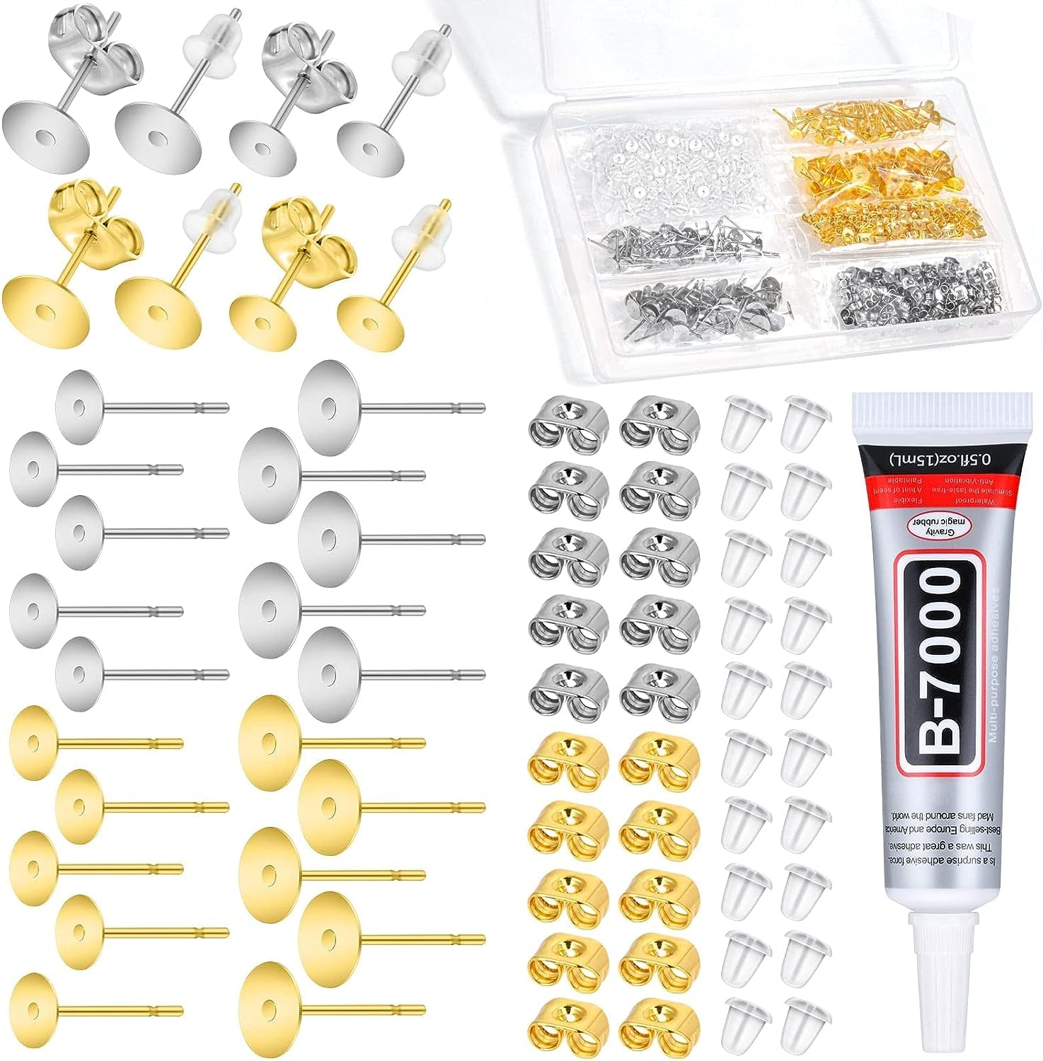 Jewelry Glue with Earring Posts for Jewelry Making, 600Pcs Stainless Steel Earring Posts and Backs Silver and Gold Earring Posts with Rubber Earring Backs for Earring Making Supplies