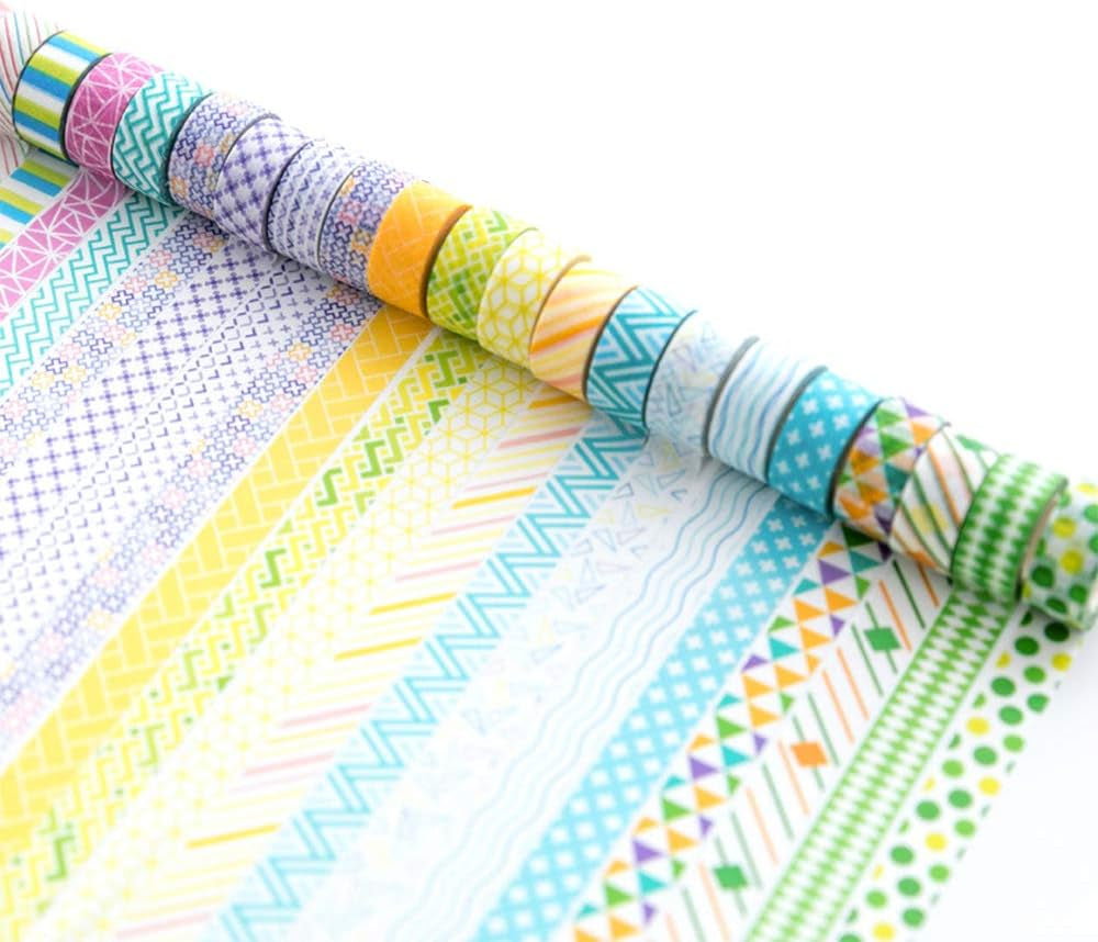 24 Rolls Washi Tape Set Basic Skinny Masking Decorative Tapes for Arts, DIY Crafts, Journals, Planners, Scrapbooking, Wrapping (Mini Graphics)