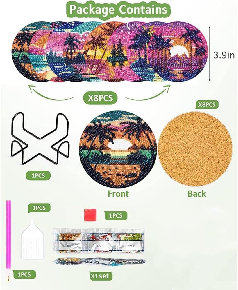 8Pcs Diamond Painting Coasters Kits, DIY Landscape Diamond Art Coaster Kits with Holder, Small Diamond Painting Kits for Adults &amp; Kids Art Craft Supplies