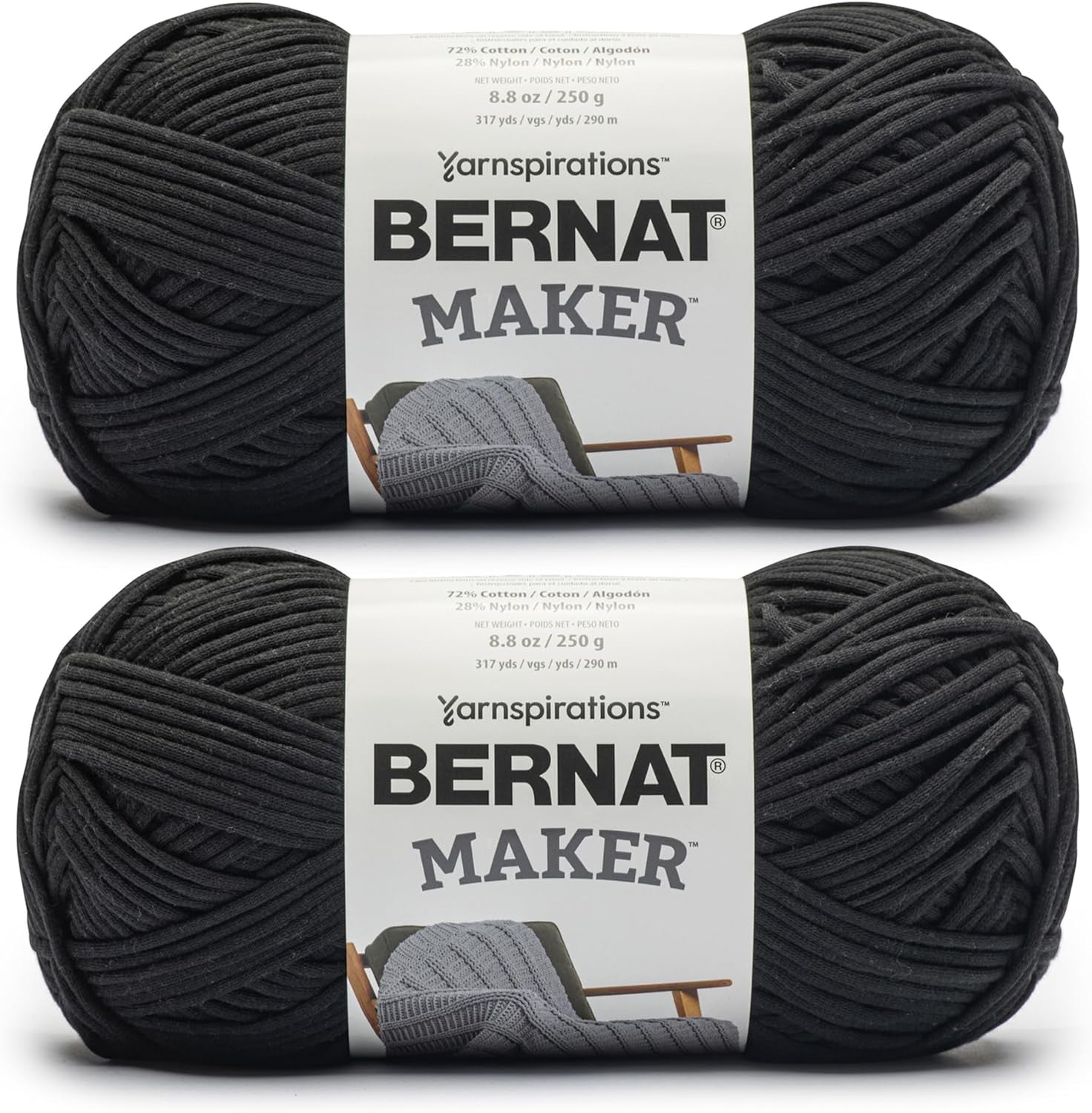 Maker Black Yarn - 2 Pack of 250G/8.8Oz - 72% Cotton 28% Nylon - #5 Bulky - 290M/317Yards - for Knitting, Crochet and Amigurumi