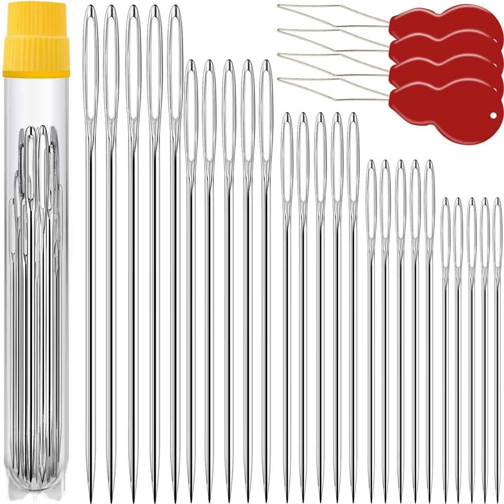 25/50 PCS Premium Large Eye Large Gage Needles for Hand Sewing with 2 Needle Threaders, Assorted Sizes, Embroidery Needles for Hand Sewing, Big Eye Needle