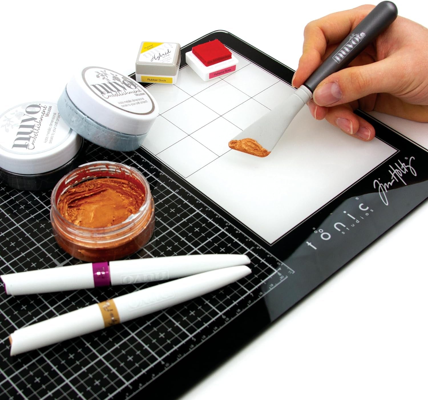 Tim Holtz Travel Glass Cutting Mat - Portable Work Surface with 8X8 Measuring Grid and Palette for Mixed Media - Art Supplies with Carry Case