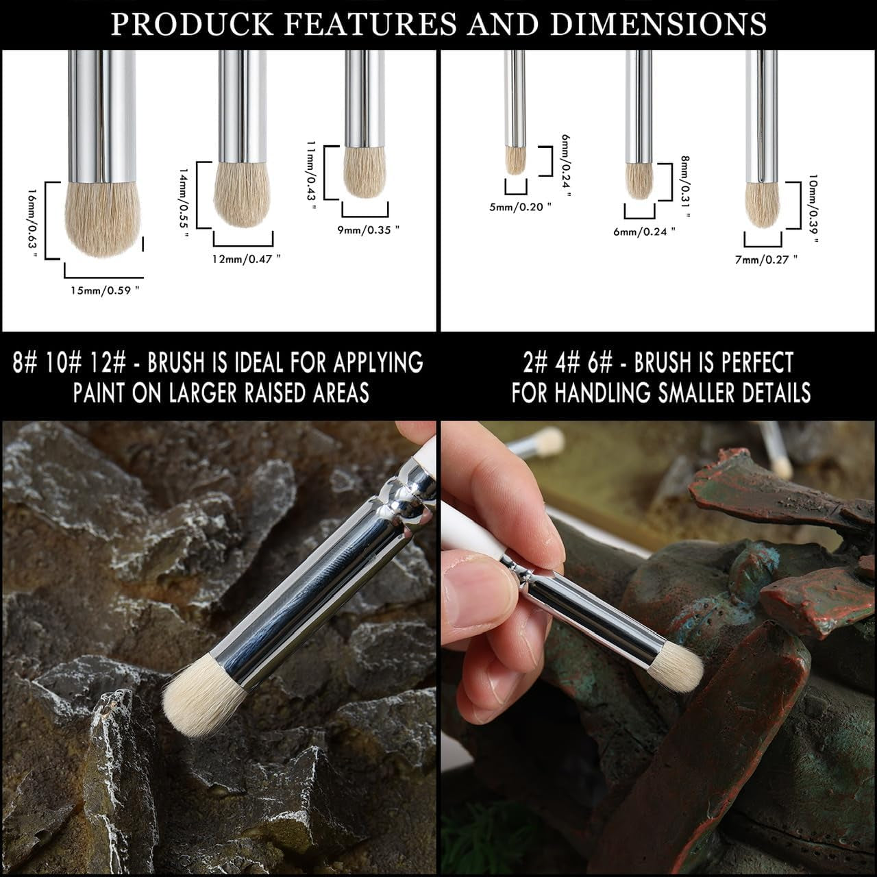 Drybrush Set-Hobby Detail Paint Brush Set, 6 Sizes Goat Hair Acrylic Paint Brushes for Tabletop & Wargames Miniature Watercolor Oil Painting, Model for Beginners & Professional