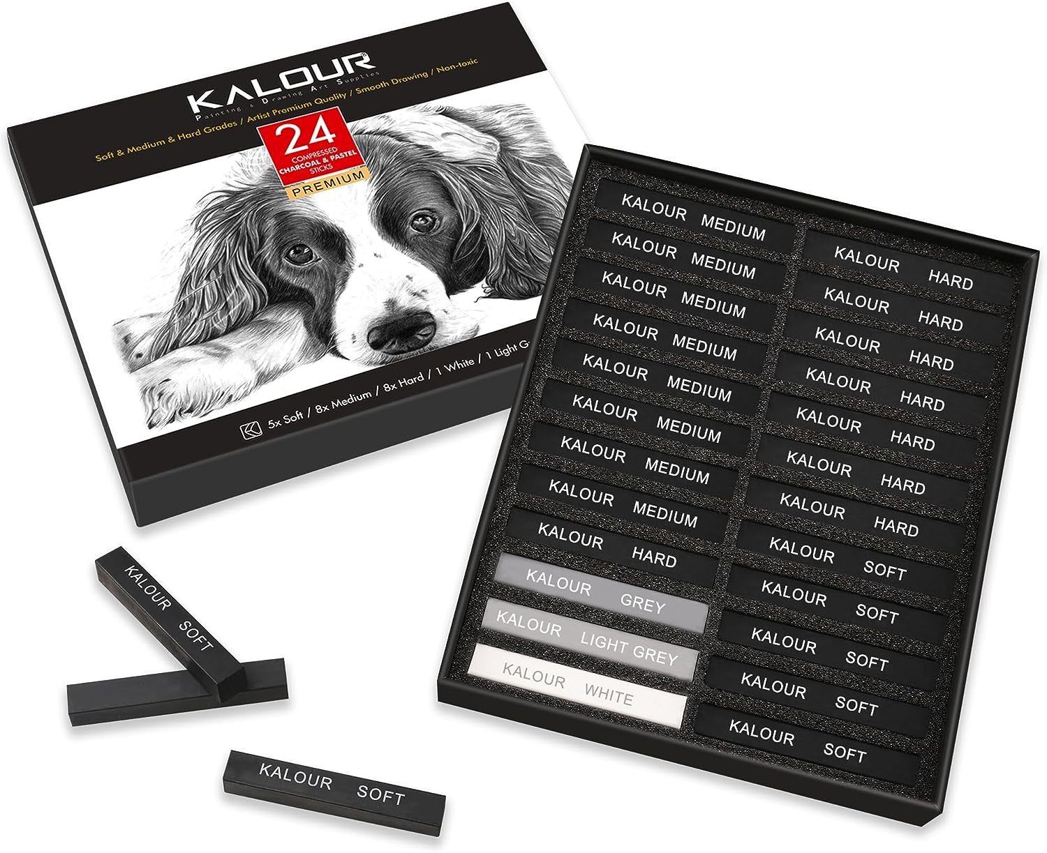 24 Pro Charcoal Drawing Set - Soft,Medium,Hard Charcoal and White Charcoal - Charcol Sticks for Drawing Sketching Shading - Art Supplies Gift for Artists Beginners Adults