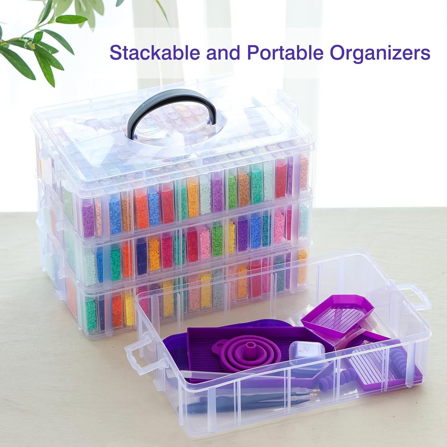 264 Slots 4-Tier Diamond Painting Storage Container Clear Stackable Bead Organizer with Diamond Painting Accessories and Tools for DIY Diamond Art Craft Jewelry Bead Storage