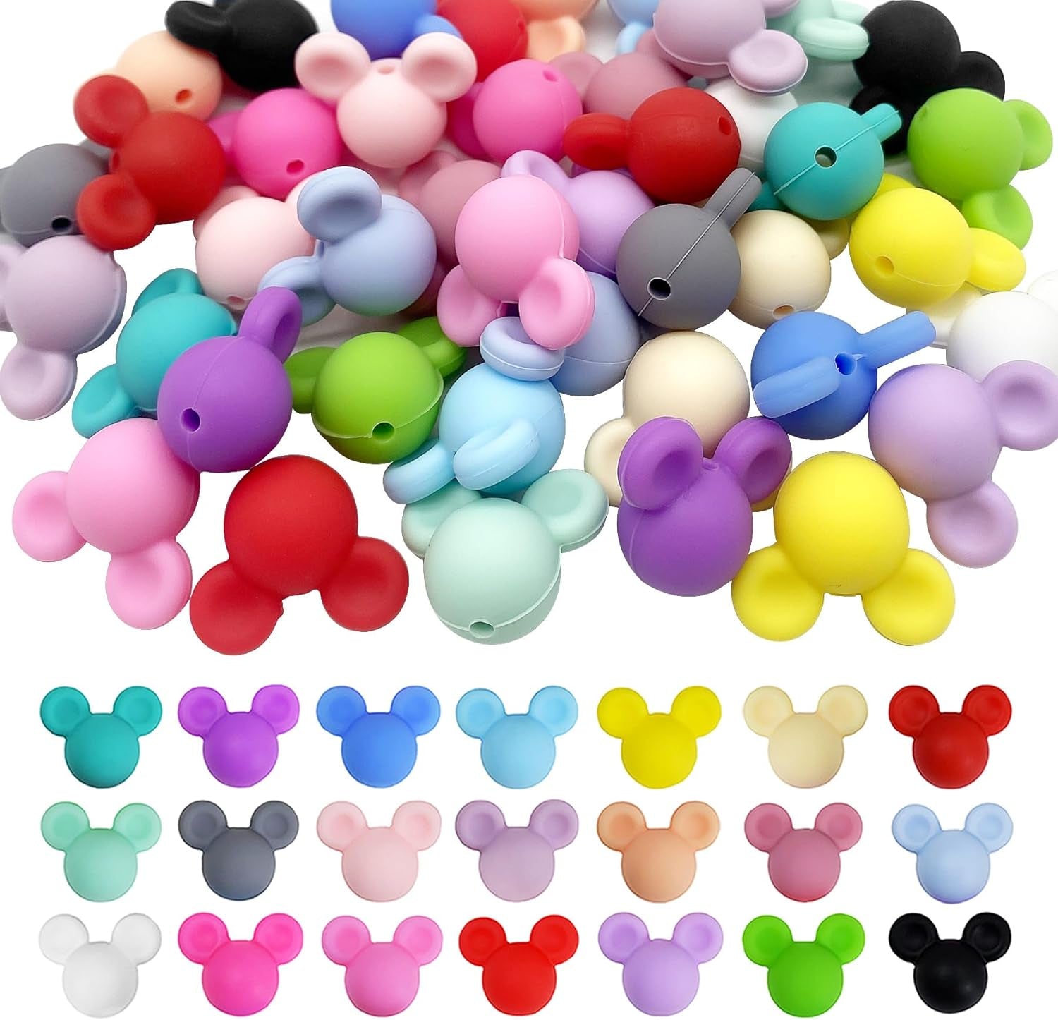 42 Pcs Mouse Head Silicone Focal Beads Cute Cartoon Loose Beads Accessory for DIY Keychains Bracelet Necklace Pens Lanyard Making