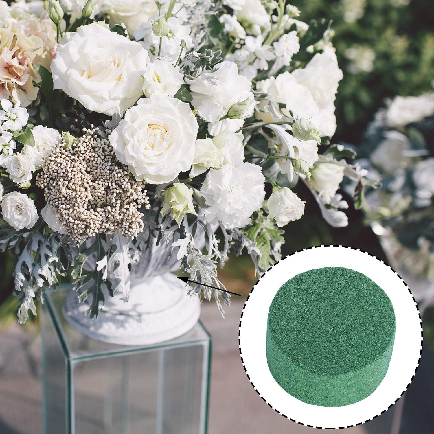 24 Pieces DIY Flower Arrangement Kit, 3.15 X 1.57 Inches Wet Floral Foam round Flower Arrangement Kit Green Wet Foam Block for Wedding, Aisle Flowers, Party Decoration