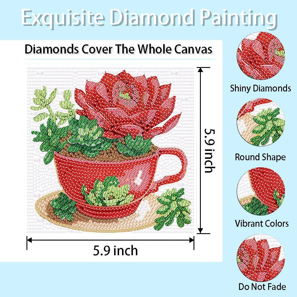4 Pack Diamond Painting Kits,Easy Diamond Painting Kits for Beginners,5D Succulents Diamond Art Kits,Diy Plants Diamond Dots Big Gem Crafts for Home Wall Decor Gifts （6X6Inch）.