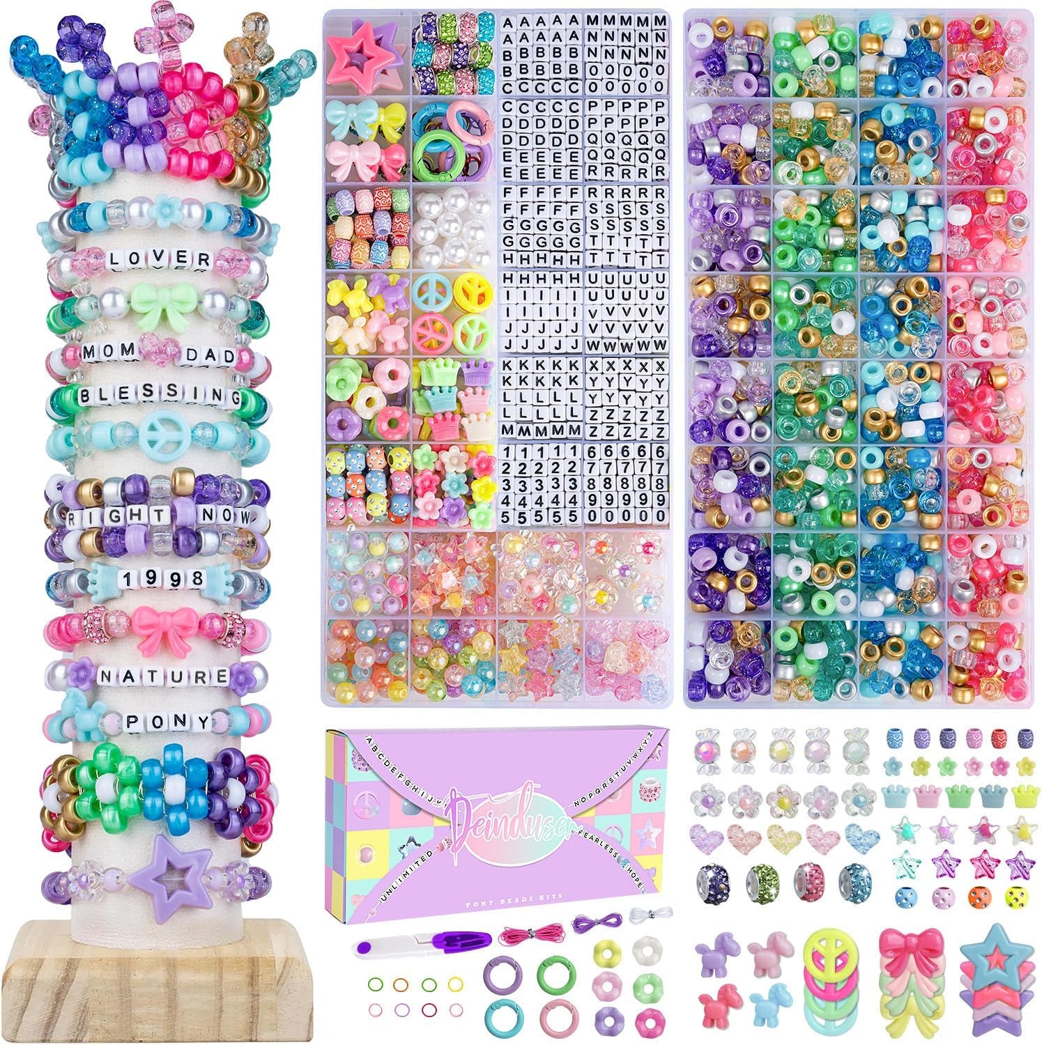 Kawaii Pony Beads Kit, Rainbow Kandi Beads and 1200Pcs Square Colorful Letter Beads, 32 Colors Plastic Craft Beads Bulk for Bracelets with 10 Beads Pipe Cleaners (Fashion Week)
