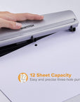 Office Premium 3 Hole Punch, 12 Sheet Capacity, Metal, Rubber Base, Easy-Clean Tray, Silver
