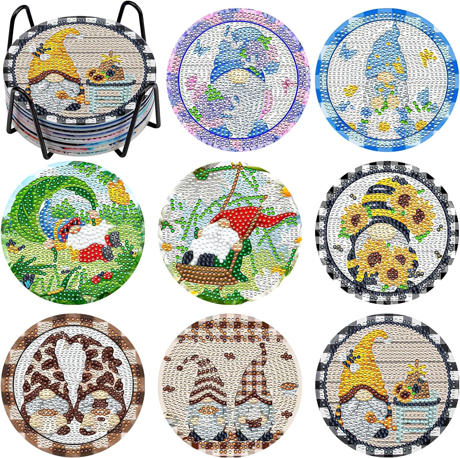 8 Pcs Diamond Art Painting Coasters with Holder, DIY Coasters Gnomes Diamond Art Painting Coaster Kits for Beginners Adults Cartoon Diamond Art Coasters Drinks Coaster Craft Supplies 4 Inch