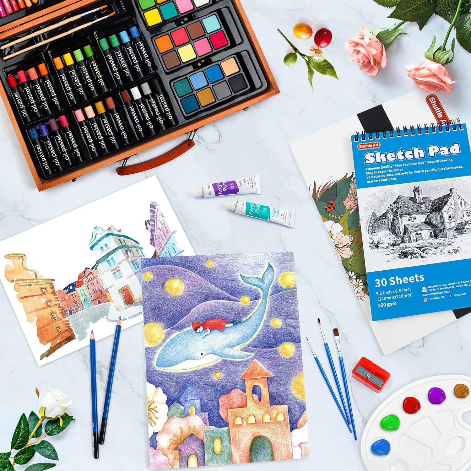 118 Piece Deluxe Art Set, Art Supplies in Wooden Case, Painting Drawing Art Kit with Acrylic Paint Pencils Oil Pastels Watercolor Cakes Coloring Book Watercolor Sketch Pad for Kids Adults