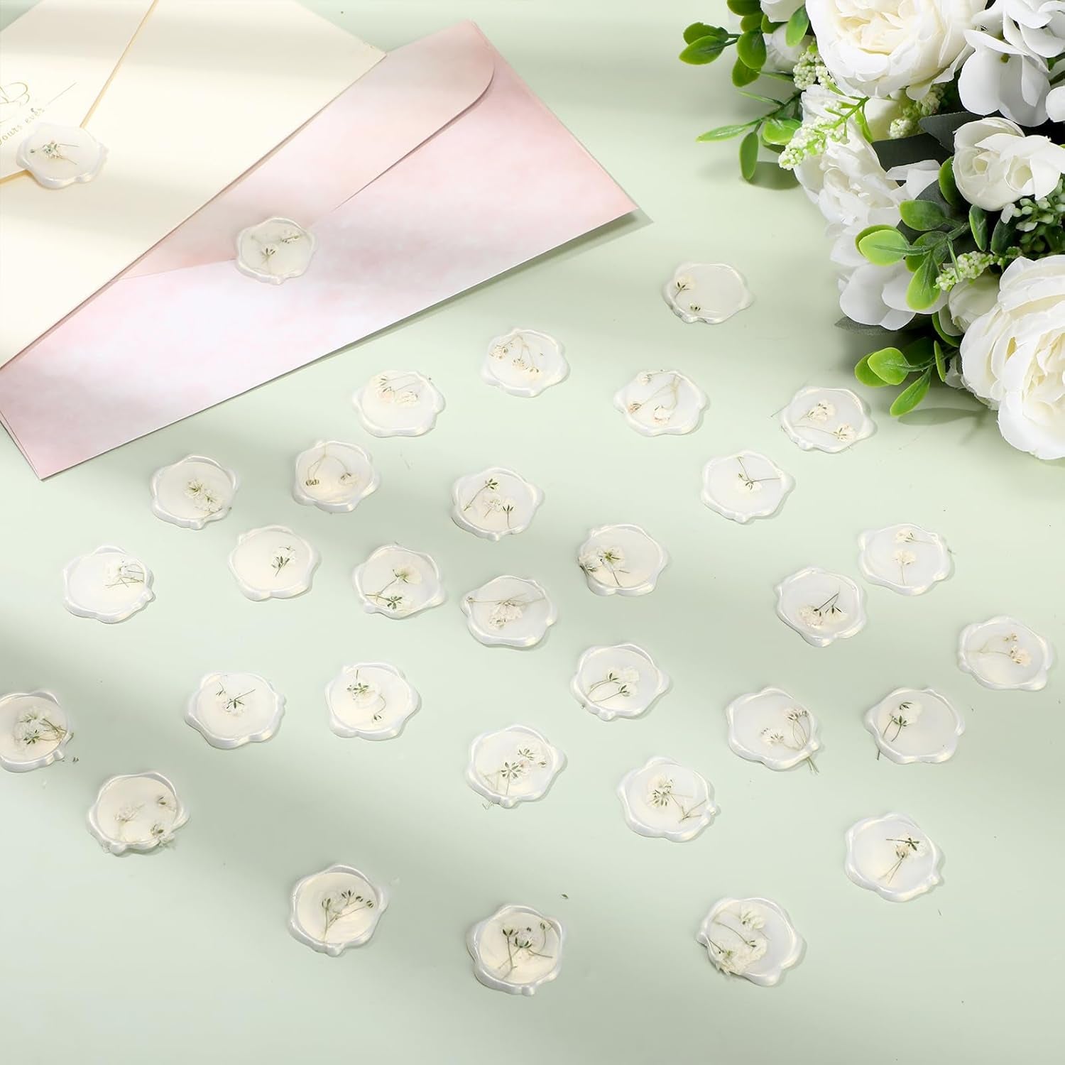 50 Pcs White Adhesive Wax Seal Stickers Babys Breath Dry Floral Wax Seal Sticks Envelope Wax Seal Wedding Invitation Stickers for Bridal Shower Party Letter Envelope Gift Wrap (White)