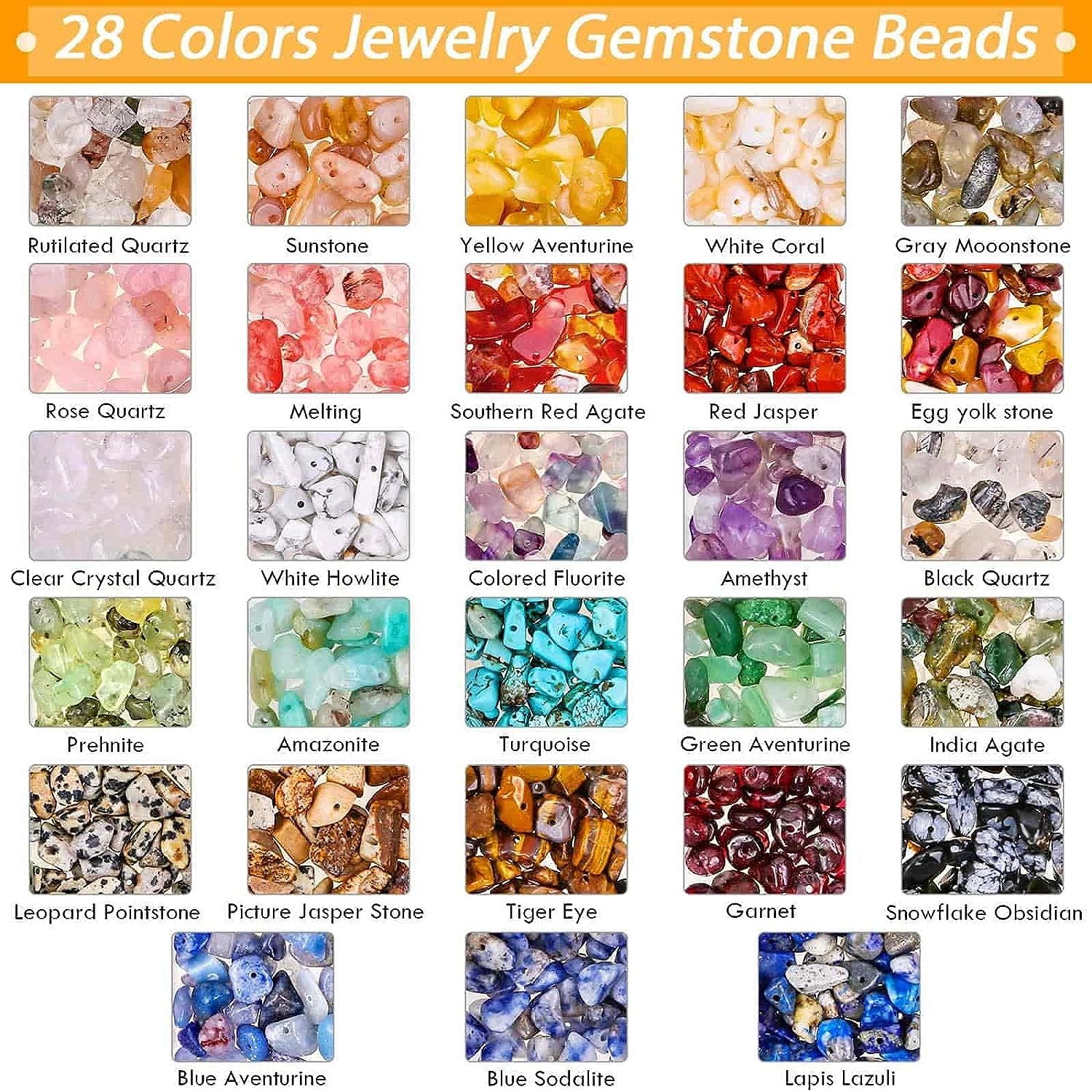Crystal Beads for Ring Making, 28 Colors Chips and Gemstone Beads, Ring Making Kit with Plastic Box for Jewelry, Bracelets, Earring Making Supplies