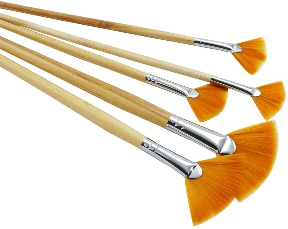 5Pcs/Set,Fan-Shaped Nylon Hair Short Wood Rod Brush Painting Drawing Supplies