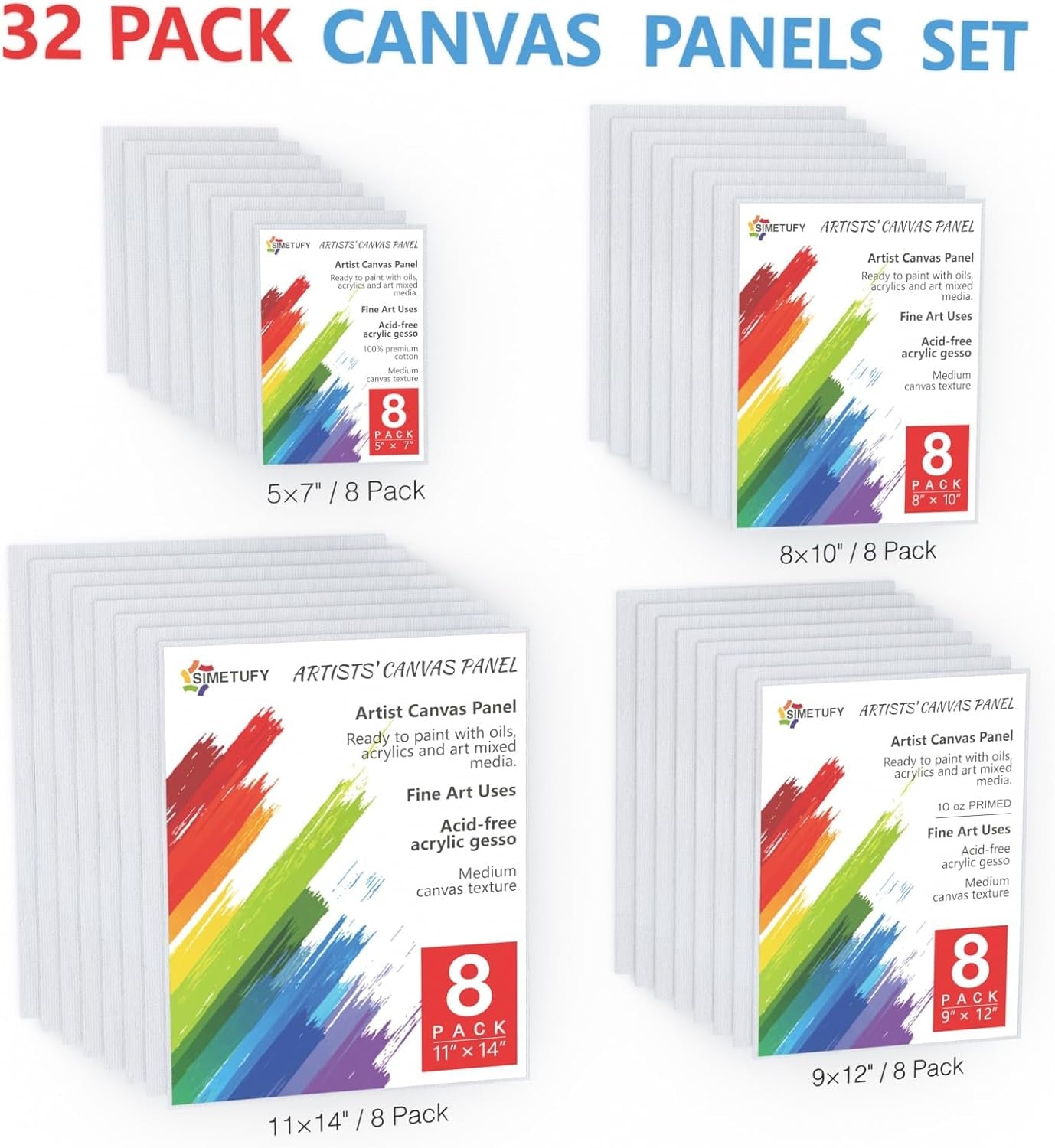 Canvas Boards for Painting 32 Pack, Paint Canvas Panels Set - 5X7, 8X10, 9X12, 11X14 Inches, Pre-Primed 100% Cotton Blank Canvases for Oil Acrylic Watercolor Pouring Paint for Kids &amp; Artists