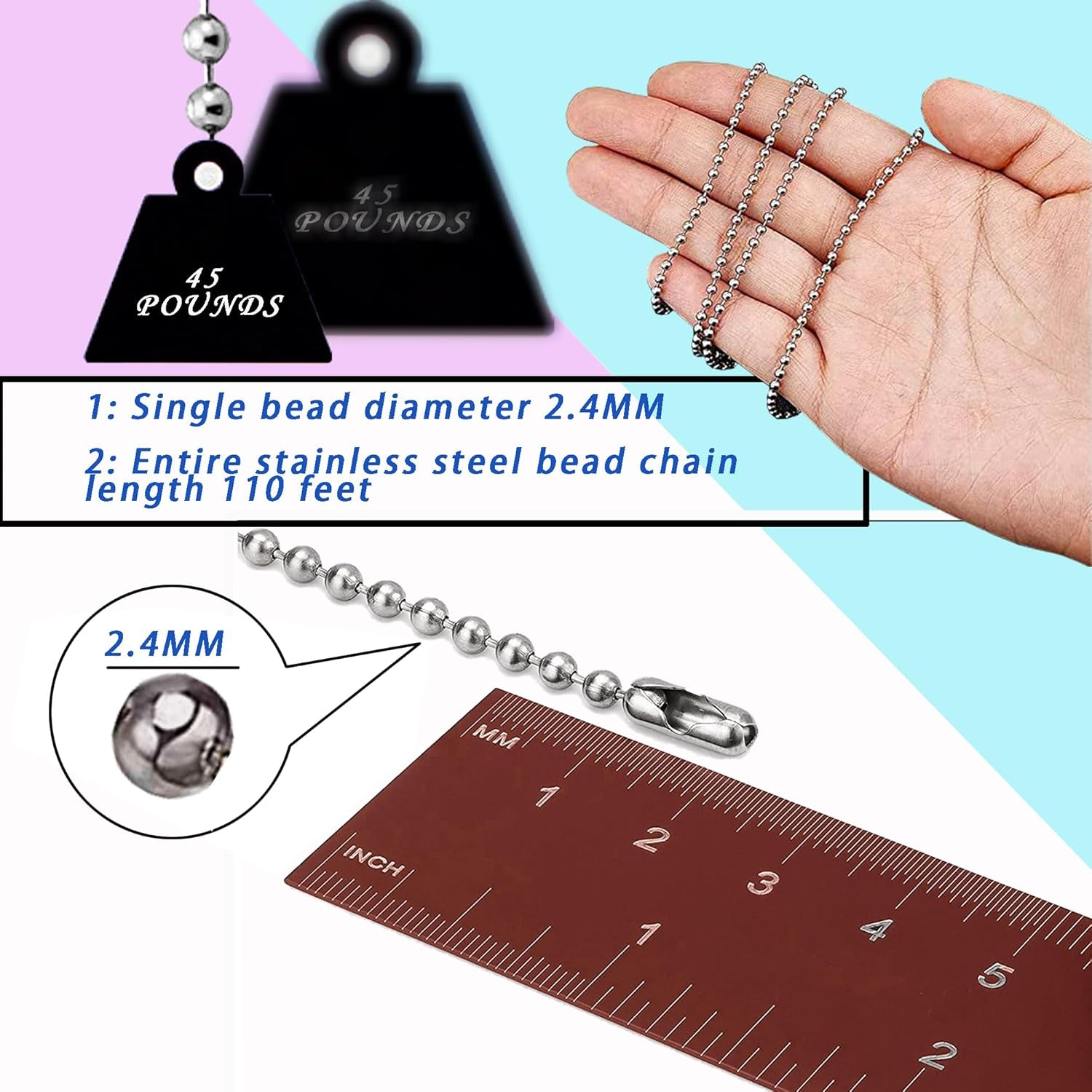 2.4Mm Ball Bead Chain, Extra Long 110Ft Stainless Steel Necklace Chains,Dog Tag Chain with 200 Connectors Clasps for Jewelry Chain DIY Craft Making,Men Military Keychain Jewelry Making Supplies