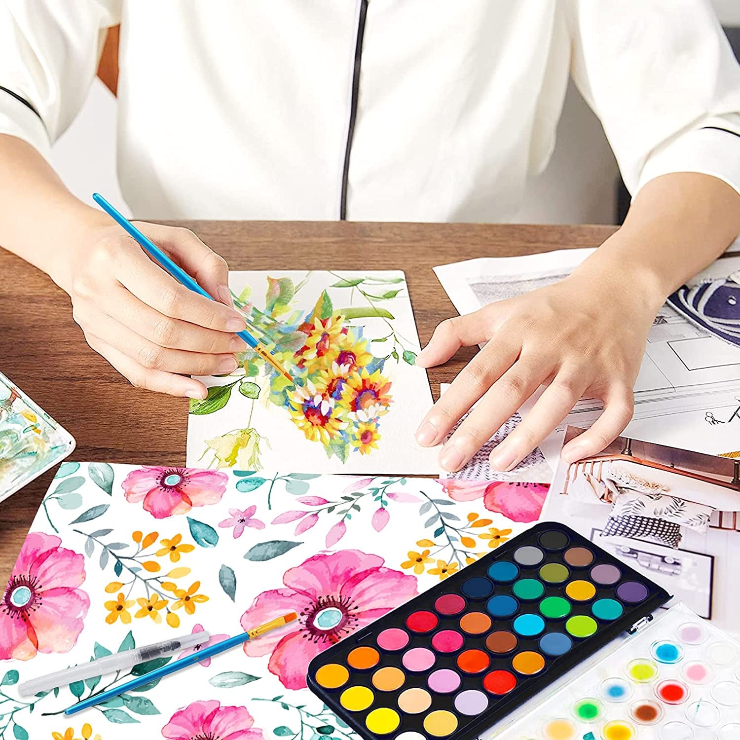 Watercolor Paint, 48 Colors Washable Watercolor Paint Set with a Brush a Refillable Water Brush Pen and Palette, Non-Toxic Water Color Paints Sets for Kids Adults Artists Children Students Beginner