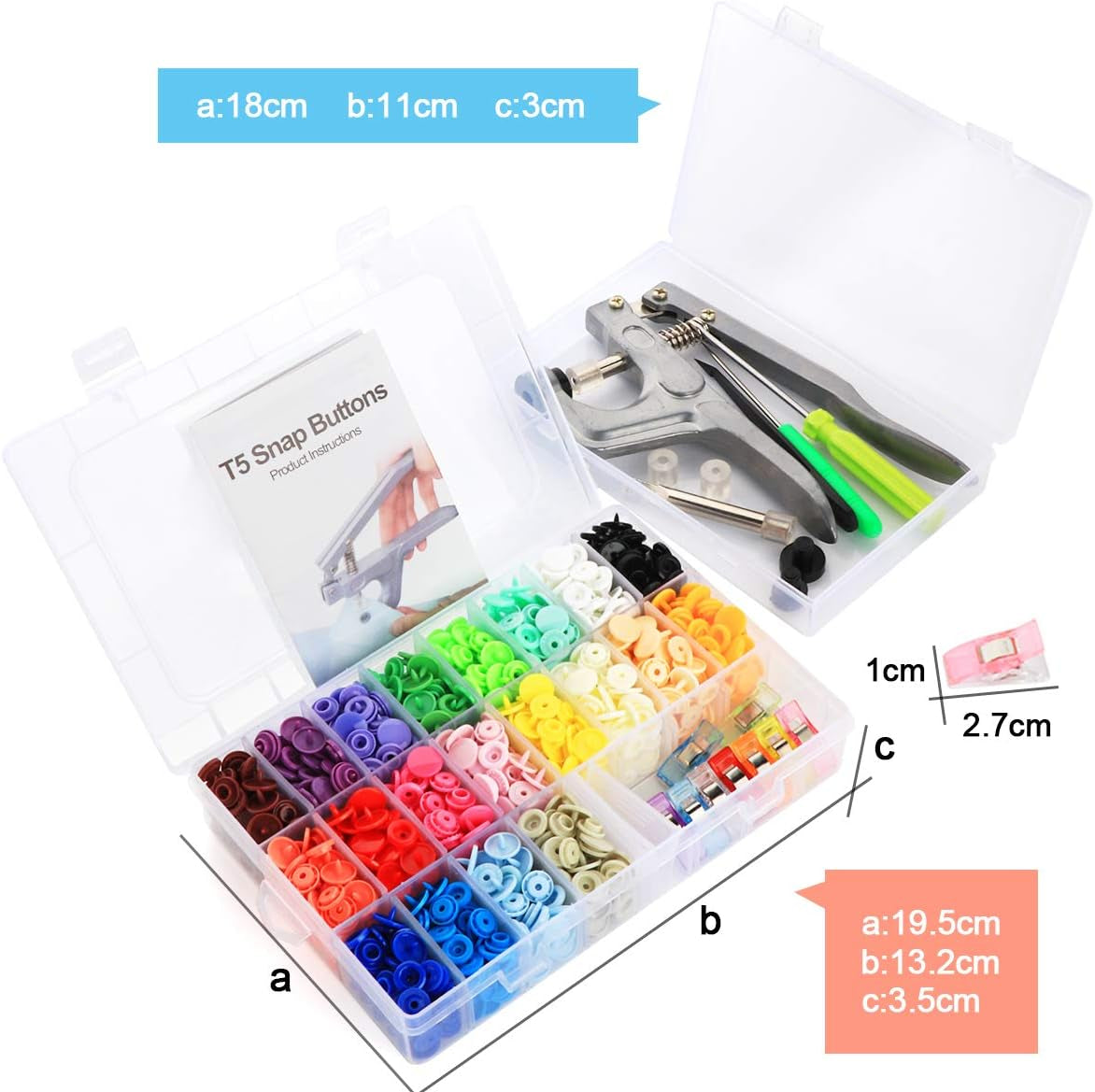 400 Sets Snap Fasteners Kit, Snap Pliers+20 Colors T5 Plastic Snap Buttons, Fasteners Poppers Press DIY Studs Tools with 2 Storage Boxes, Snap Set for Sewing,Clothing and Crafting