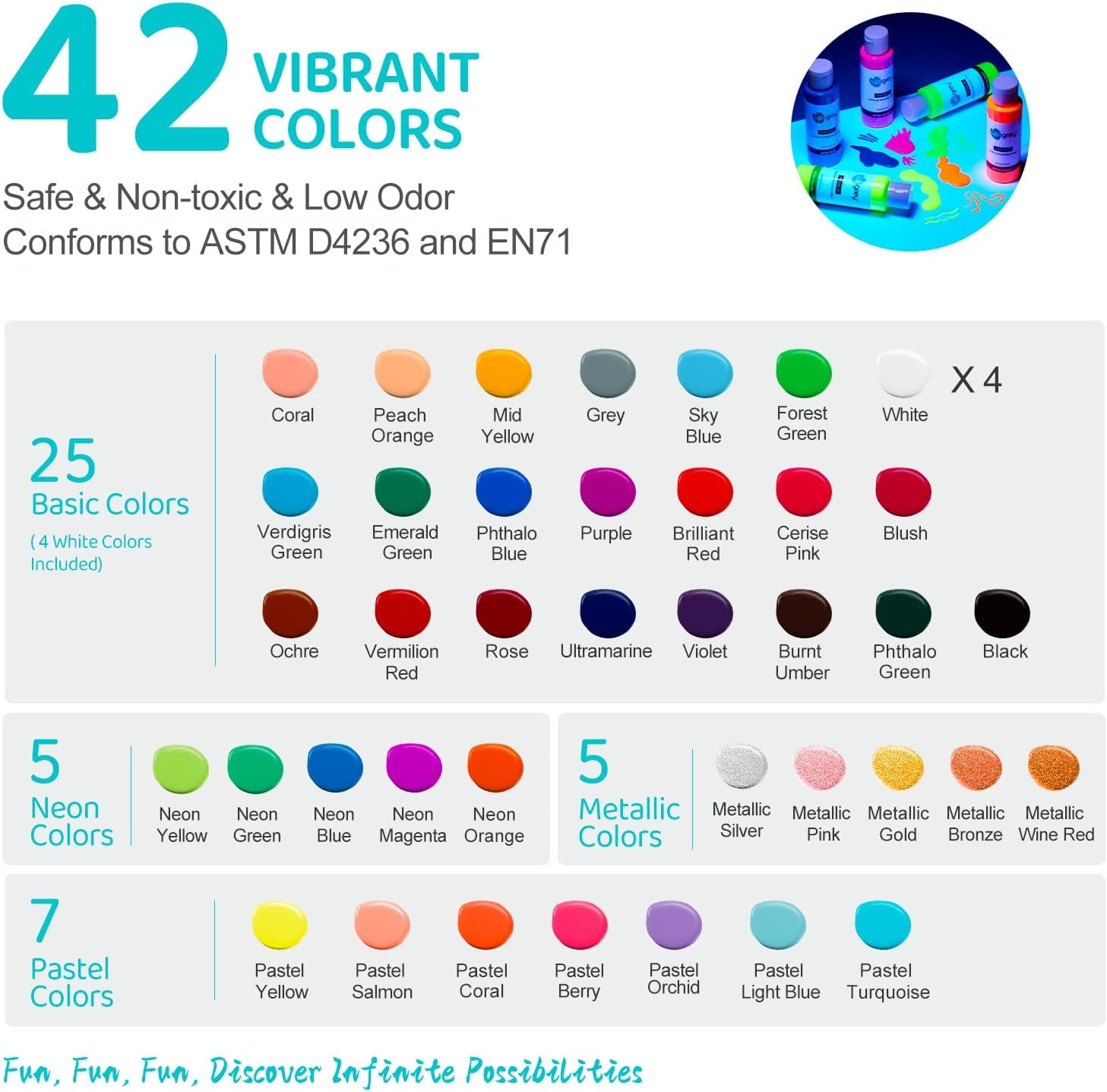 42 Colors Acrylic Pouring Paint Set, High Flow, Non Toxic, Pre-Mixed, 60Ml Bottles, Assorted Colors with 4 White, for Canvas, Glass, Paper, Wood, DIY