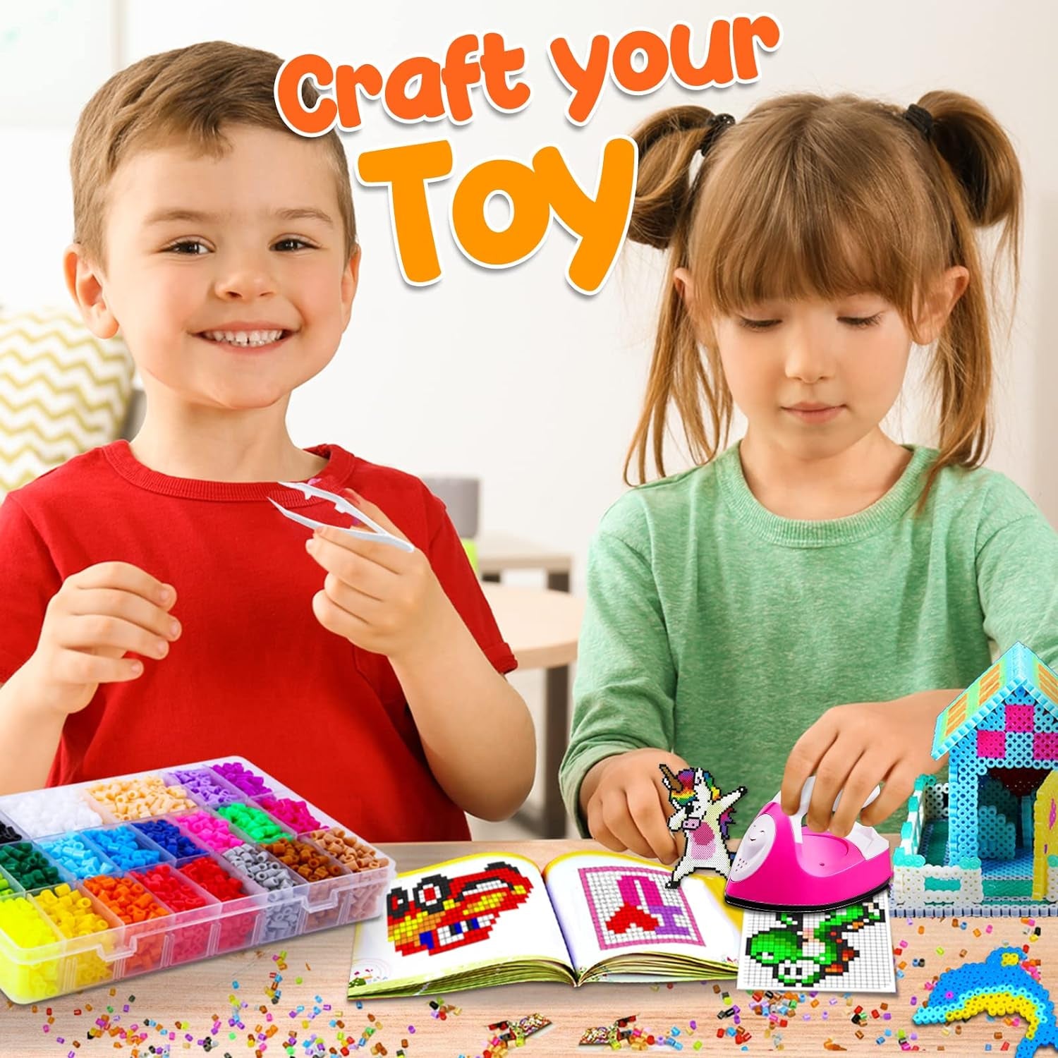 Board Fuse Beads Iron Set - Fuse Beads Set for Kids Crafts with Bead Pegboard and Aqua Pony Beads, Pixel Art and Craft Bead Kit (Large Set with Iron)