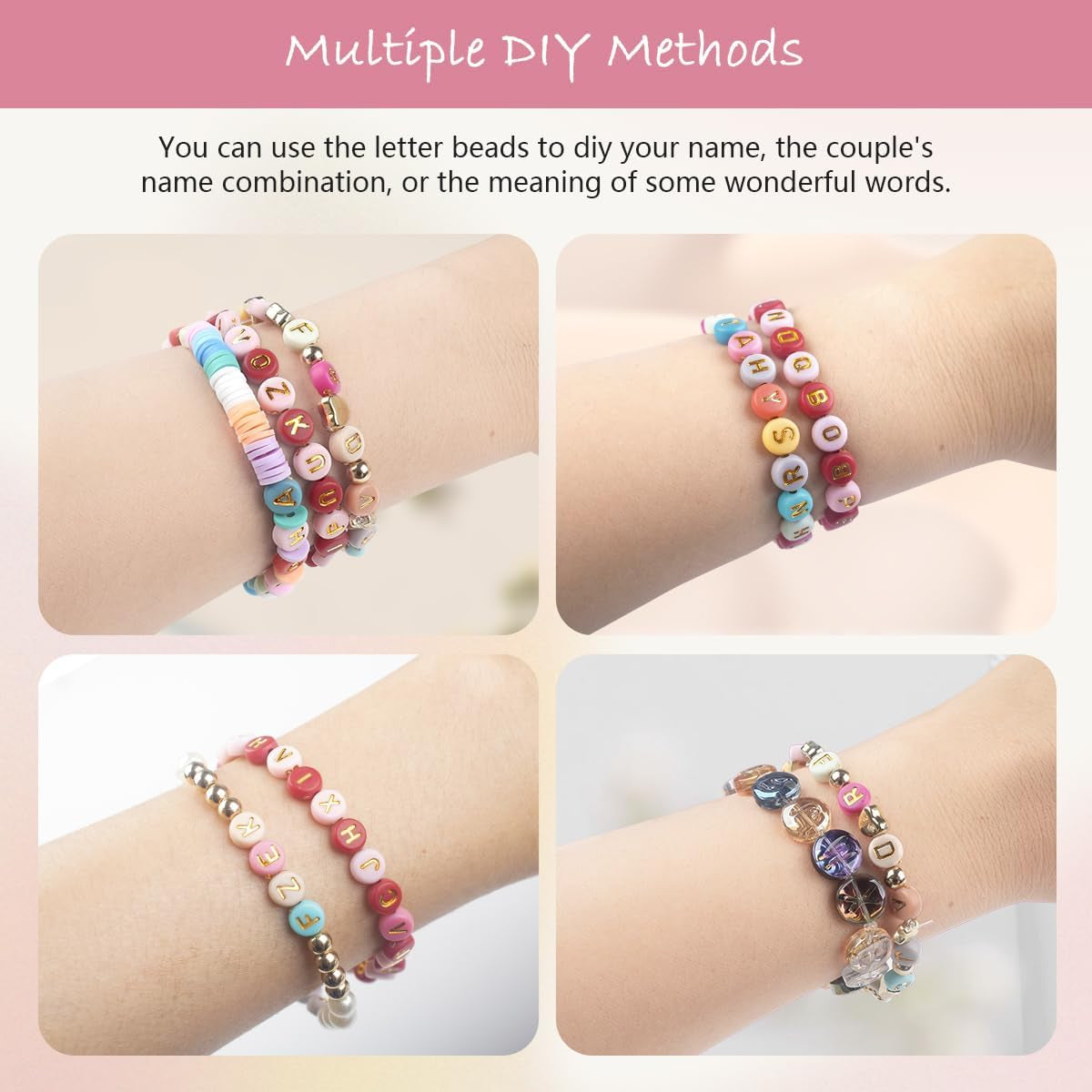 1000PCS Colourful Letter Beads for Threading, 4 X 7 MM, A-Z White Letter Beads and Colourful Heart Beads, Acrylic round Beads for Jewellery DIY Making Crafts Bracelets Necklaces Ornaments-Gold